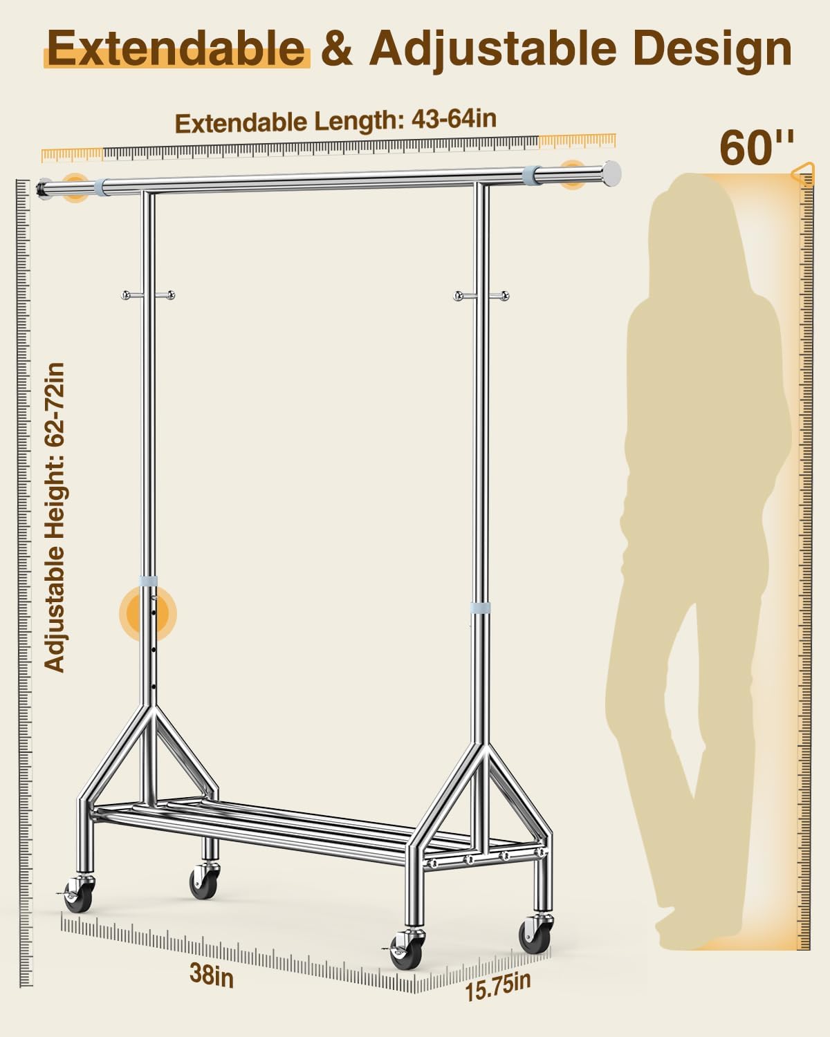 Upgraded 100% Stainless Steel Clothing Rack Load 760LBS, Heavy Duty Clothes Racks with Larger & Sturdy Wheel, Extendable & Adjustable Rolling Garment with Shelves
