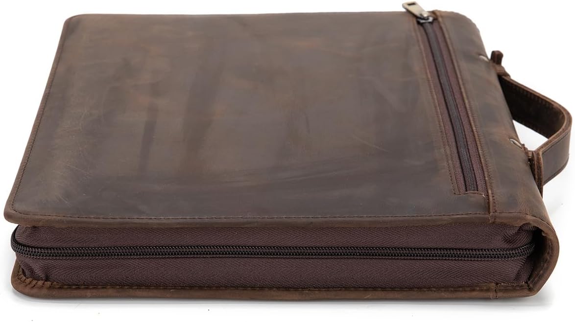 Genuine Leather Portfolio with Hidden Handle, Zippered Front Pocket, Business Padfolio for Men and Women, 8.5 x 11 Legal Pad Notebook Holder, Office Letter Notepad Folio, Dark Khaki