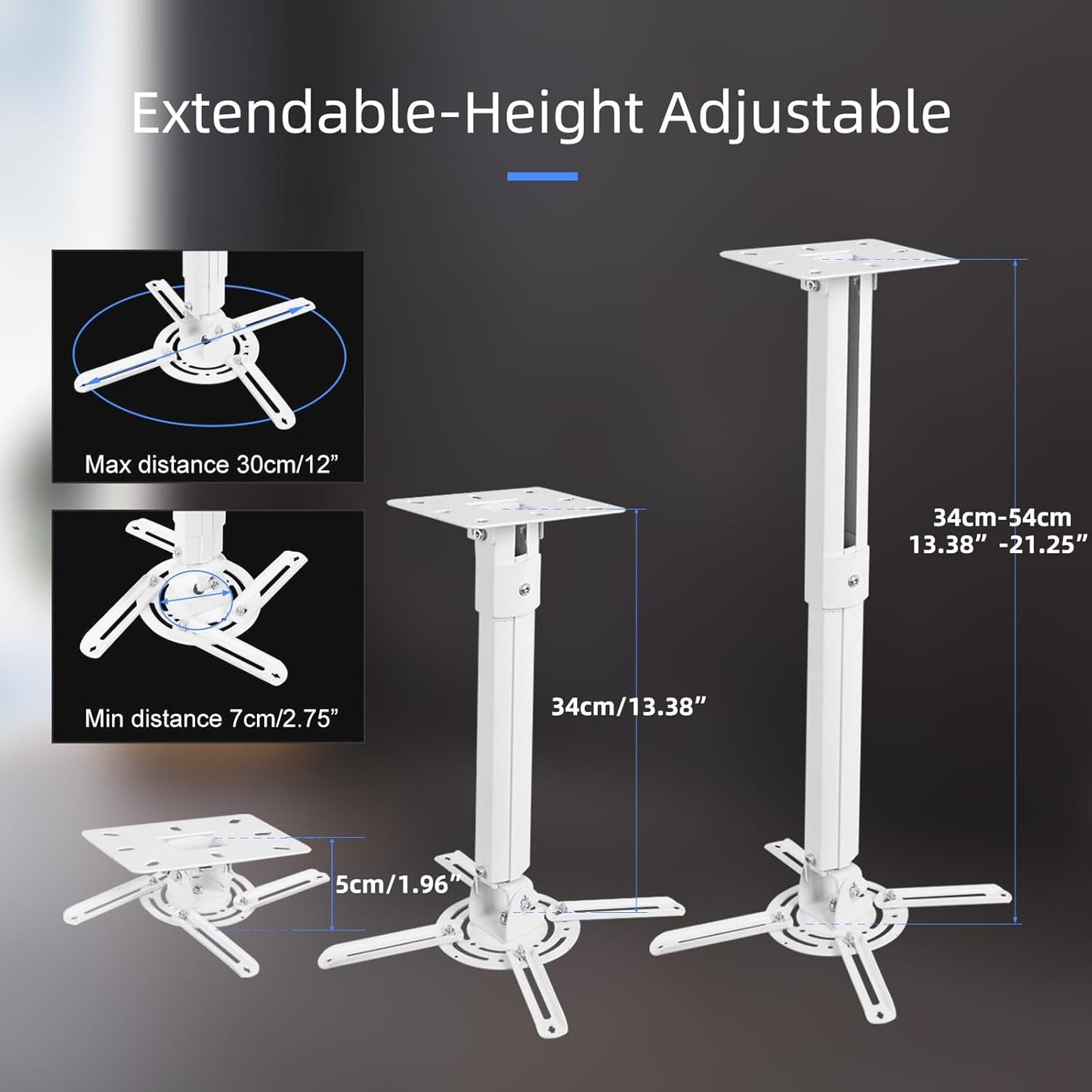 suptek White Projector Ceiling Mount Bracket Fits Flat or Sloped Ceiling Height Adjustable with Extendable Length for LCD/DLP Projectors (PR05)