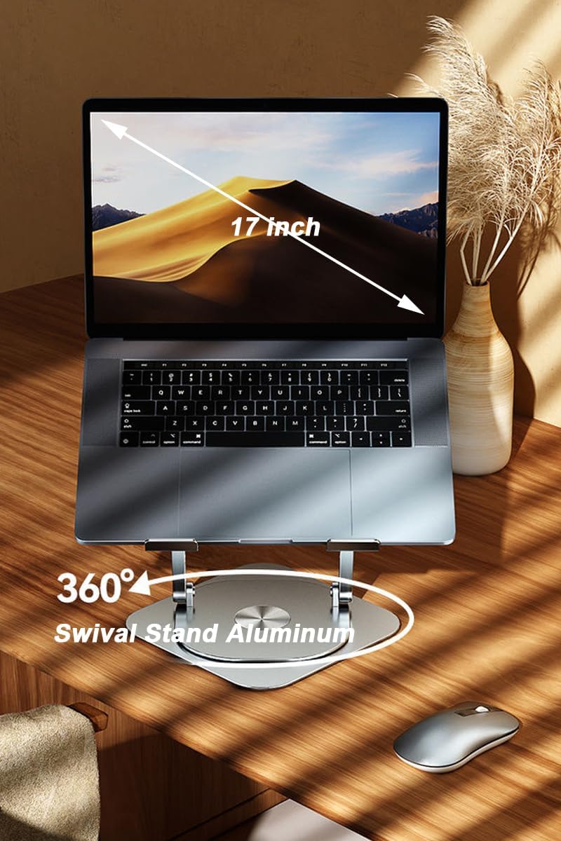 Laptop Stand Fan with 360 Rotating Swival Base, Adjustable Height for Directly Typing Keyboard and Rise up to 10", Ergonomic Aluminum Riser Holder Stand for Tablet 10 14 15 17 Inches/MacBook