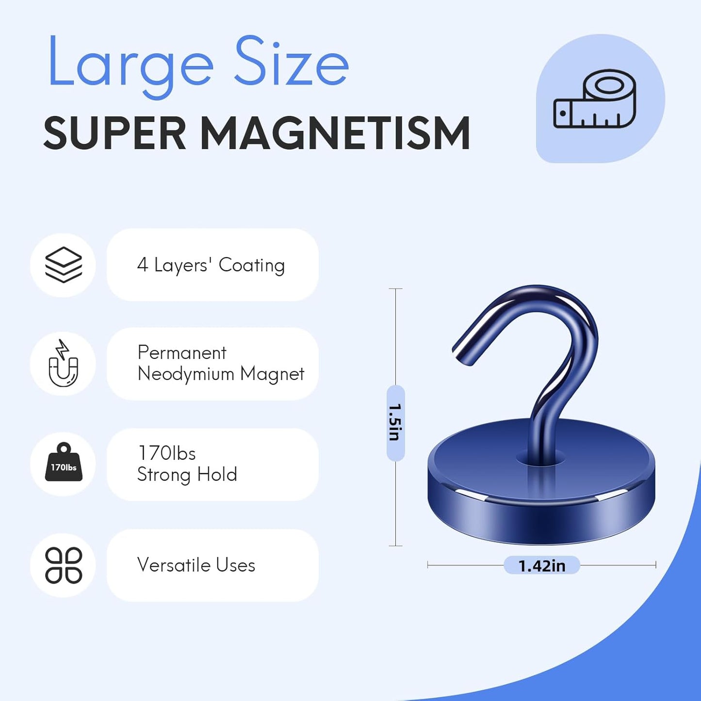 Neosmuk Magnetic Hooks, Heavy Duty 170lb Strong Magnets for Cruise Cabins, Ship Essentials, Large Metal Hooks for Hanging on Fridge(Navyblue,Pack of 4)