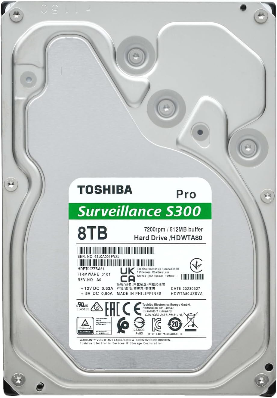 Toshiba S300 PRO 8TB Surveillance 3.5” Internal Hard Drive – CMR SATA 6 Gb/s 7200 RPM 512MB Cache - HDWTA80UZSVAR