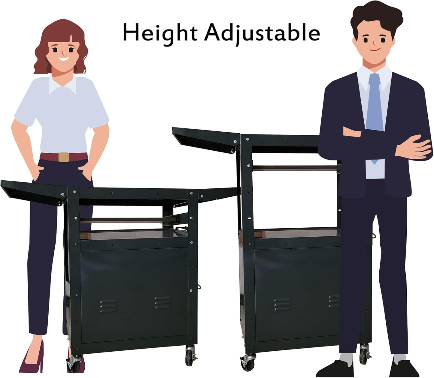 AV Cart with Locking Cabinet and Keyboard Tray Height Adjustable Utility Cart with Extra Storage,Computer Cart with Wheels and Power Strip for Presentations Office Holds 300 Lbs(Black/43”x18”x43”)