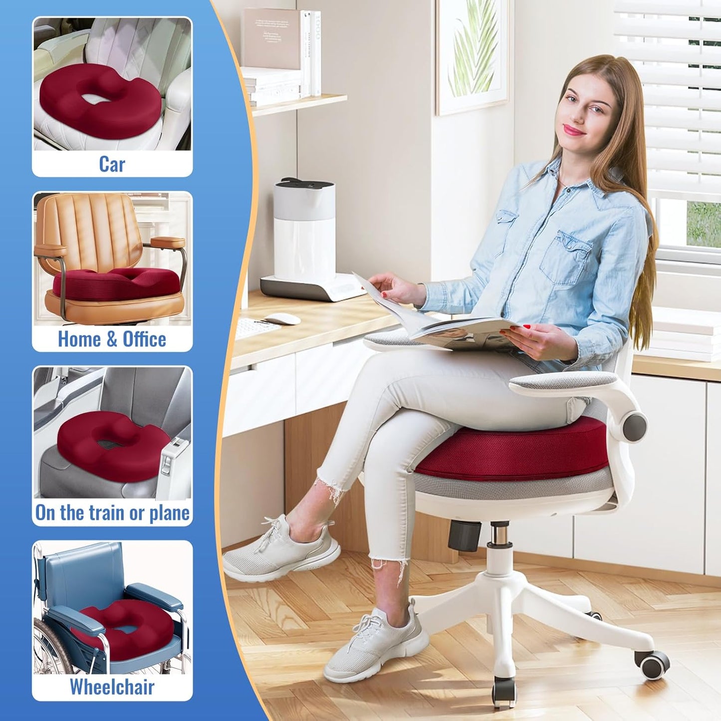 CloudBliss Donut Pillow Seat Cushion Chair Pad for Tailbone Pain Relief and Hemorrhoids, Memory Foam Seat Chair Cushion for Men and Women for Home & Office, (Red)