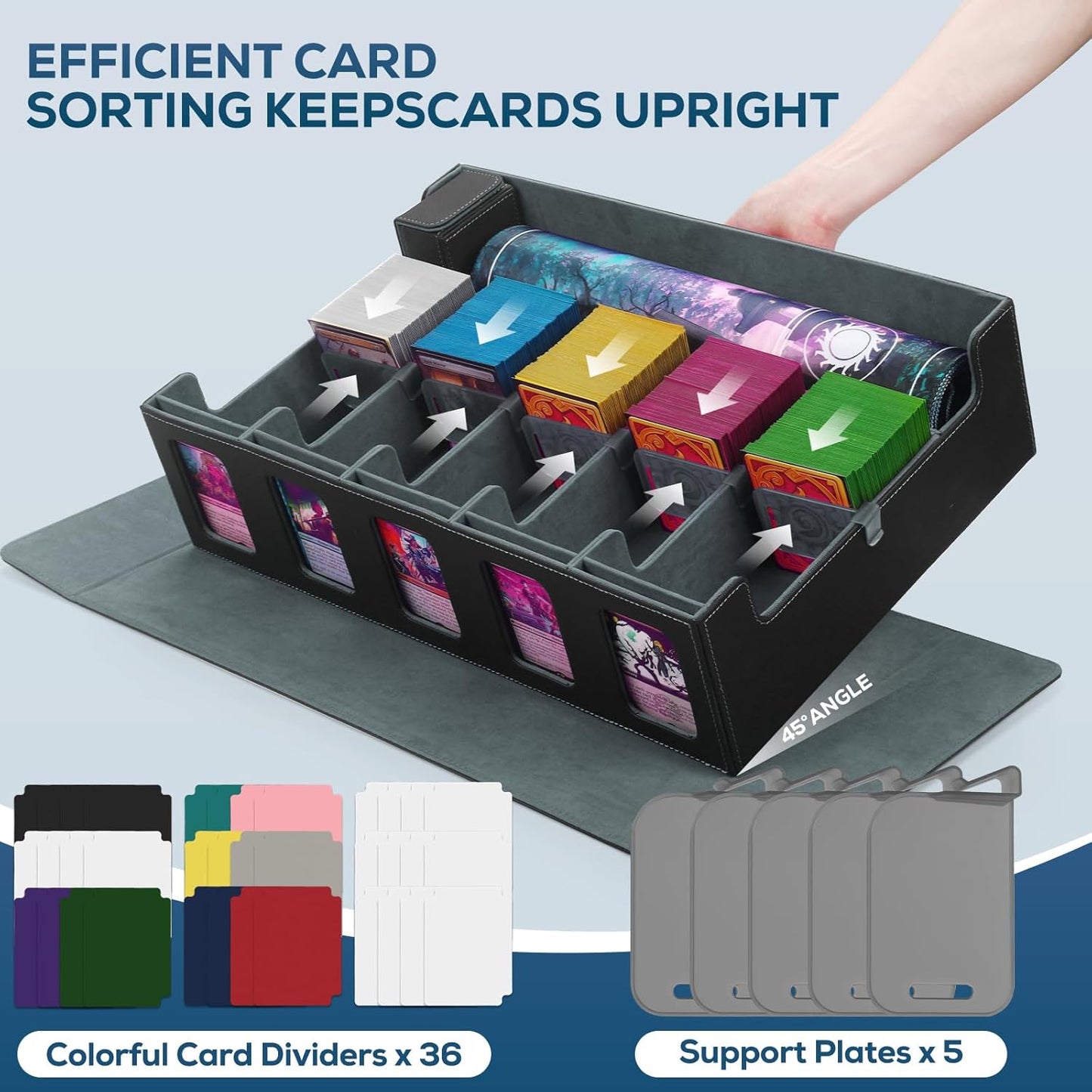 5-Row MTG Deck Box with Commander Display, Trading Card Storage Box for MTG TCG Sports Card,Card Deck Box with 1 Sieve box, 5 Toploaders, 5 Stoppers, 36 Colorful Dividers (Black & Grey)