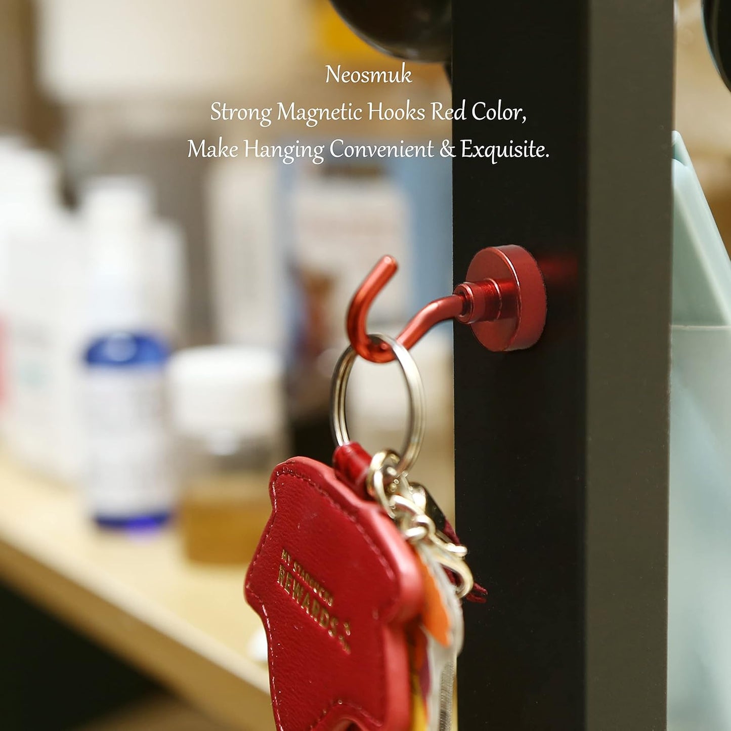 Neosmuk Magnetic Hooks,30lb Heavy Duty Earth Magnets with Hook for Refrigerator, Extra Strong Cruise Hook for Hanging, Magnetic Hanger for Curtain, Grill (Red, 4 Pack)