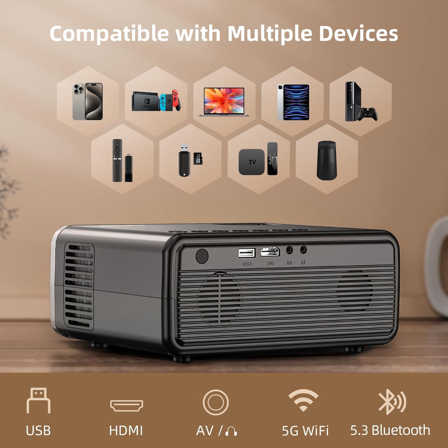 FUDONI Projector with WiFi and Bluetooth 4K Supported, Upgraded Outdoor Movie Projectors Native 1080P FHD, Video Proyector for Home Theater, Compatible w/HDMI/USB/iOS/Android/Windows/TV Stick