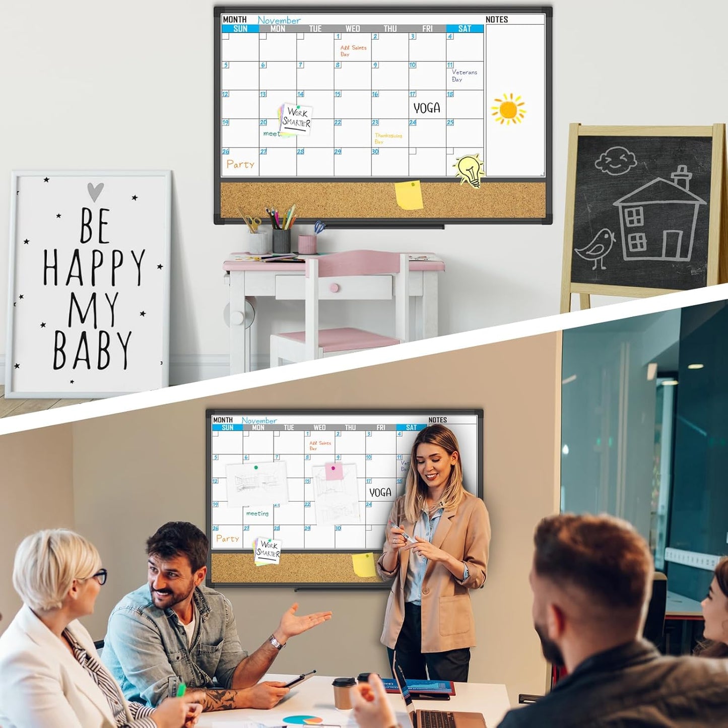 XBoard Dry Erase Calendar Whiteboard 48 X 36 - Combo White Board Calendar Monthly, Magnetic White Board + Corkboard with Black Aluminum Frame, Colorful Push Pins & Marker Tray Included