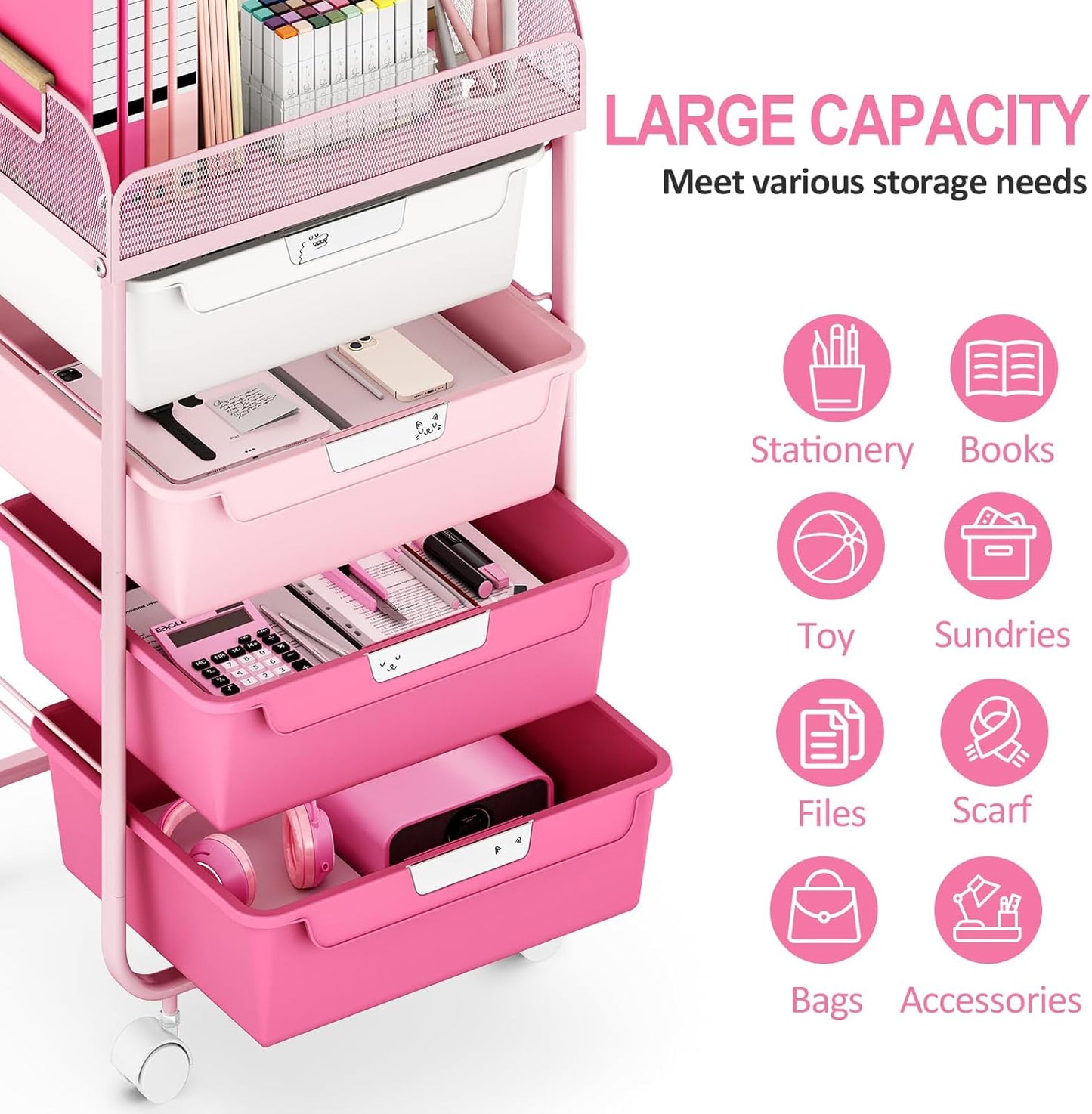 Rolling Cart with 4 Drawers,4 Tiers Rolling Utility Cart Craft Cart,Rolling Storage Drawer Cart with Mesh Top,Storage Cart with Drawers & 4 PCS DIY Lable, Rose Pink