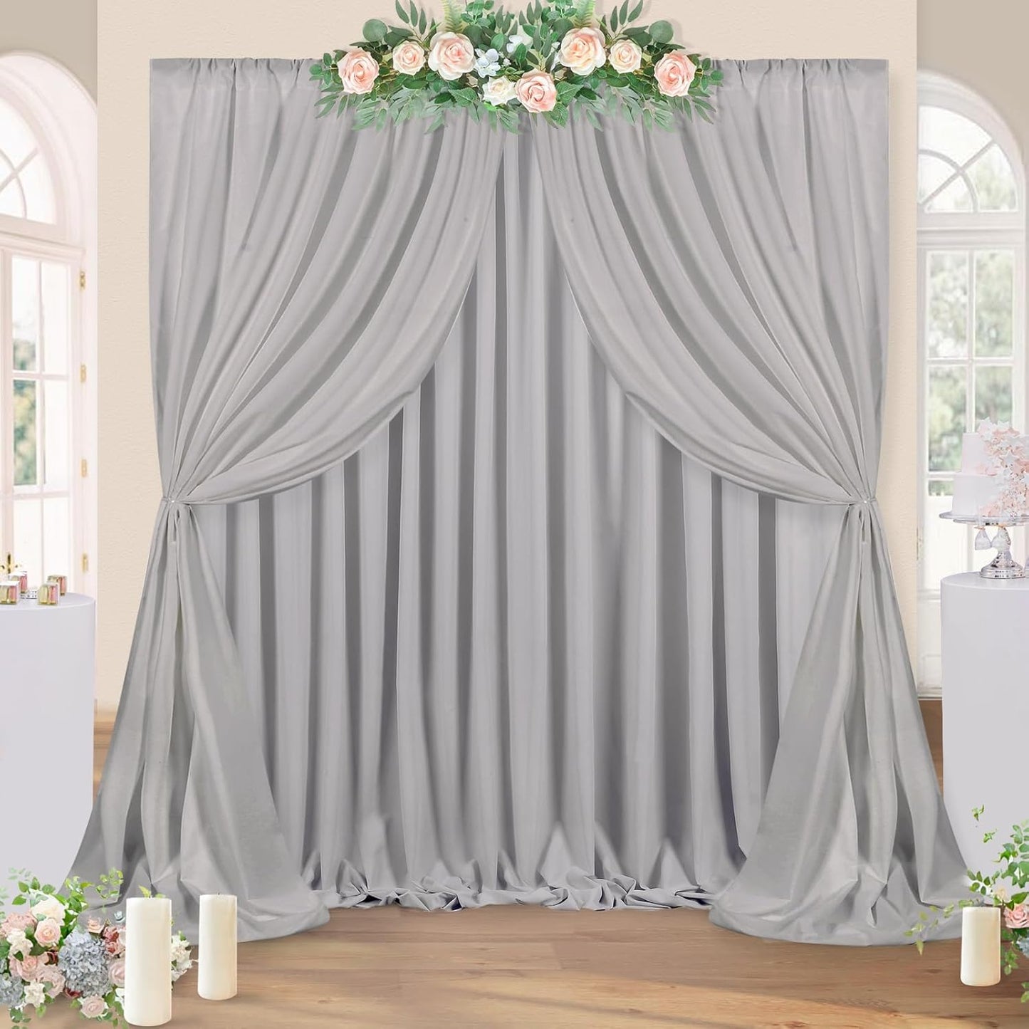 Grey Backdrop Curtains Photo Backdrop Drapes: 30ft x 10ft Polyester Fabric - Wedding Engagement Photography Background 6 Panels 5x10ft