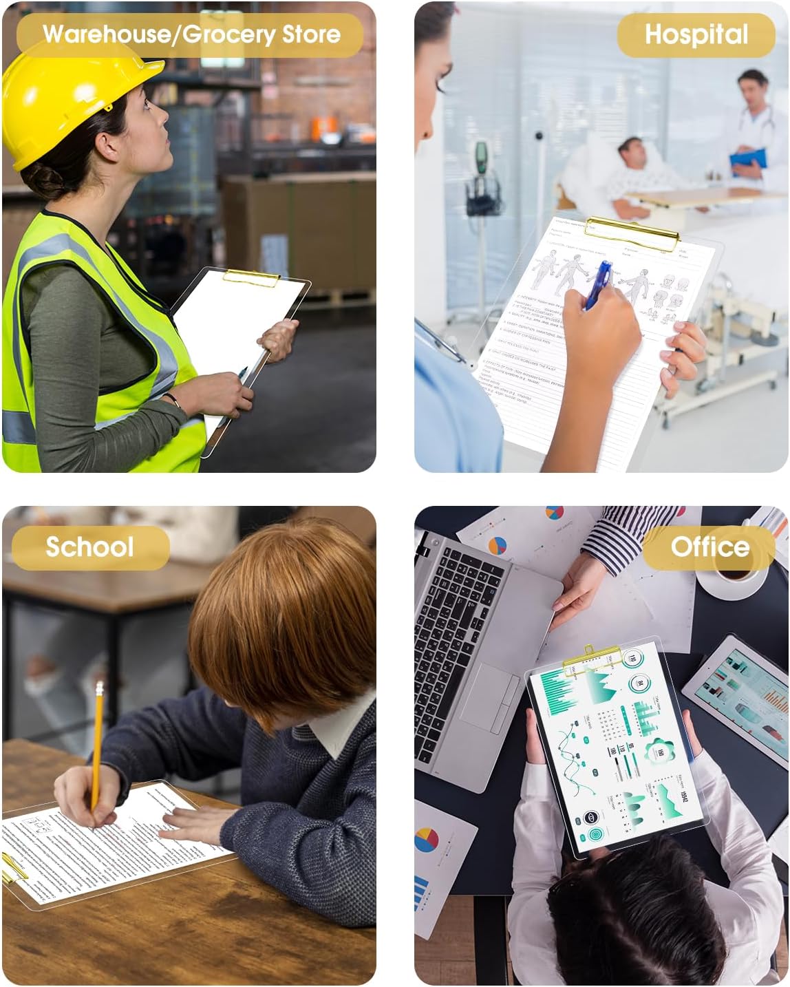 Honagu Acrylic Clear Clipboards, Transparent Plastic Clipboard with Gold Strong Clip Hidden Hanging Hole, A4 Letter Size Clipboards for Nurses, Art Student, Teachers,School & Office Supplies, 1PC