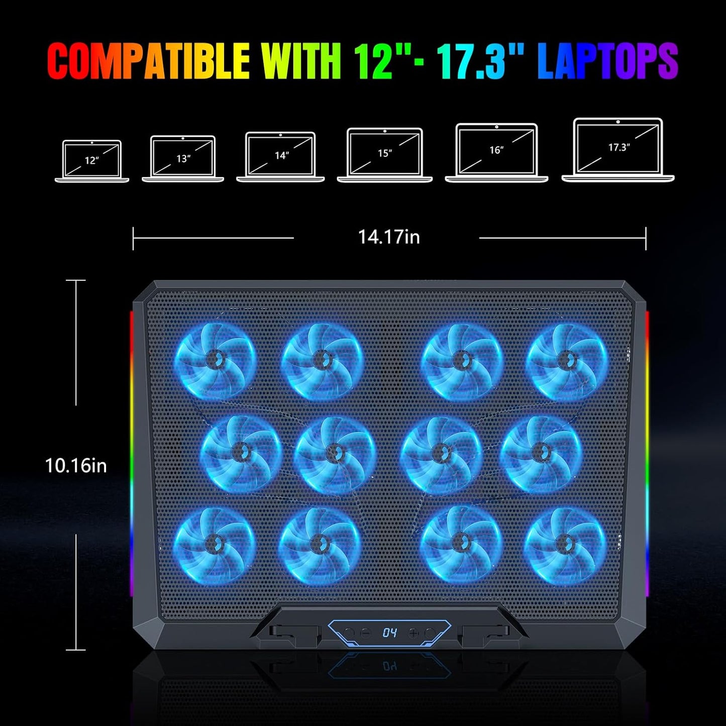 Laptop Cooling Pad with 12 Quiet Fans, Slim Portable for 12-17.3 Inch Laptop Cooler Stand, RGB Lighting, with 5 Height Adjustable, Gaming Cooling Fan Pad, with Two USB Ports Holder (LCD)
