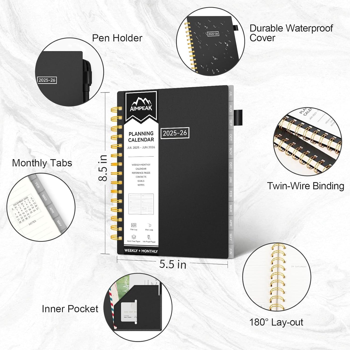 Planner 2025-2026, Weekly and Monthly Planners for Teacher & Student, Jul.2025 - Jun.2026, AIMPEAK Daily Calendar Planner with Monthly Tabs, Pocket, Pen Loop, Flexible Waterproof Cover, Black, 5.5" x 8.5"