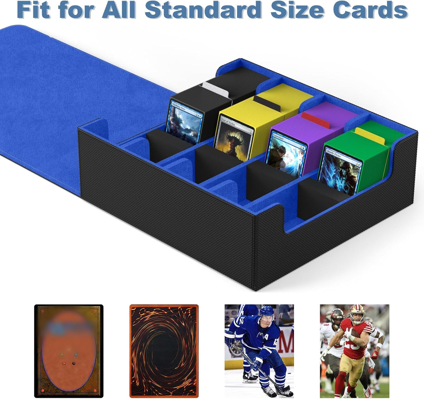 Mlikero Card Deck Case, 2400+ Trading Card Storage Box with 10 Colorful Dividers and 4 Foam Stoppers, Leather Magnetic Closure Commander Deck Box Fit for MTG, TCG (4 Rows, Black&Blue)