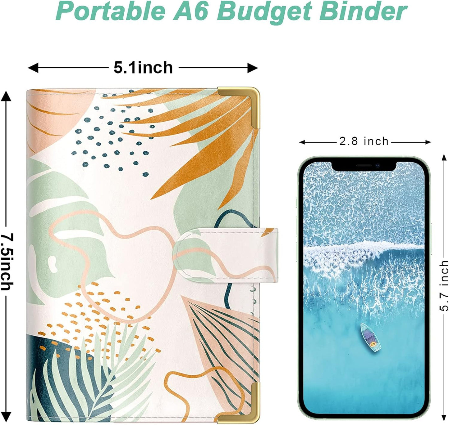 Rnivvi Budget Binder with Zipper Envelopes, A6 Money Saving Binder Cash Envelopes for Budgeting, PU Leather Planner Money Organizer for Cash Bills, Cute Boho System Wallet for Women, Tropical Leaves