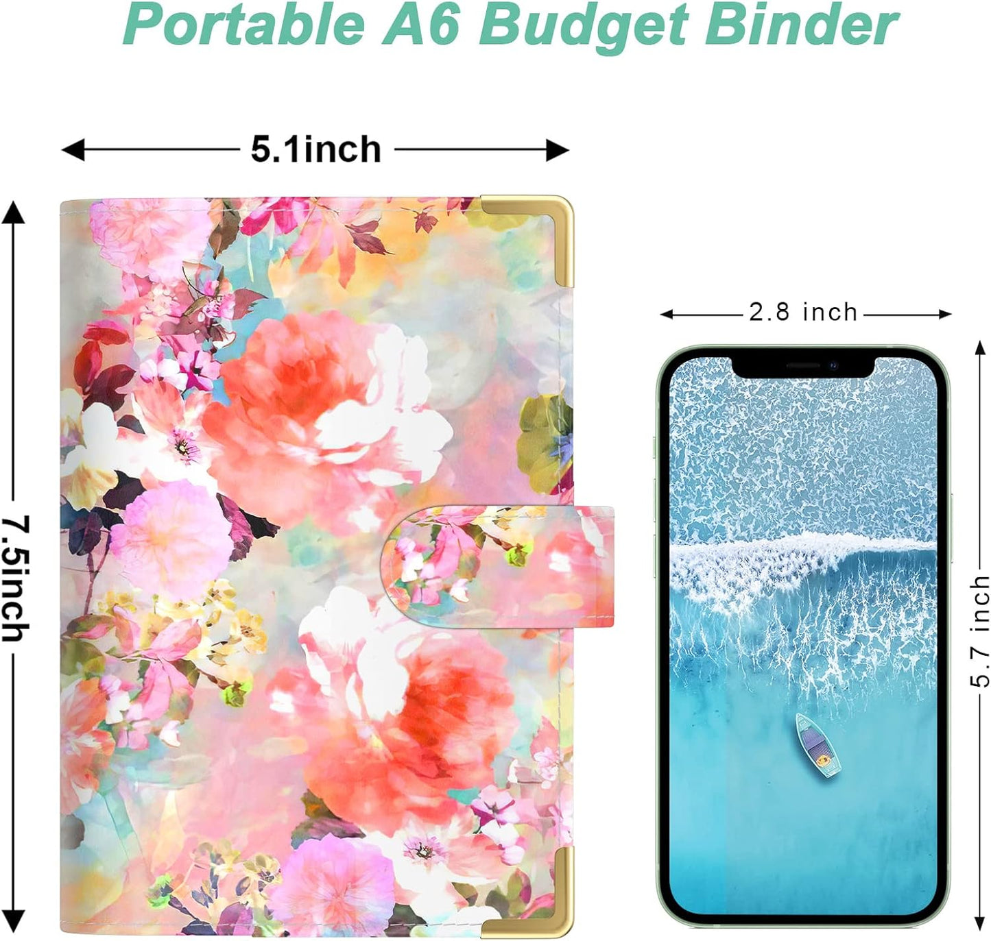 Rnivvi Budget Binder with Zipper Envelopes, A6 Money Saving Binder Cash Envelopes for Budgeting, PU Leather Planner Money Organizer for Cash Bills, Cute Floral System Wallet for Women, Pink Flower