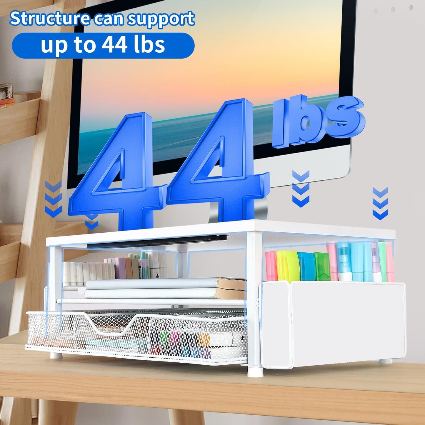 AUPSEN White Monitor Stand Riser, 2-Tier Wood Computer Desk Organizer with Drawer, Pen Storage & Phone Holder ,Office Desk Accessories Desktop Organizer for Office Supplies