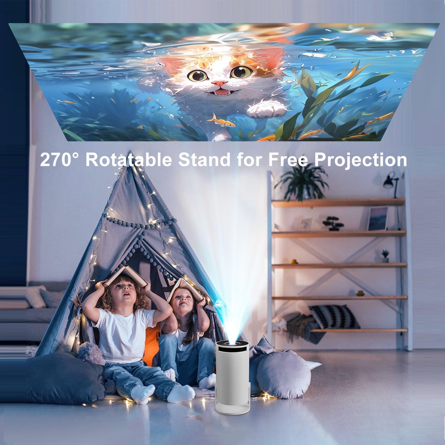 Smart HY300 Projector With Built-in Apps, Wifi Bluetooth 4K 1080P, Auto Keystone, Short Throw and 180 Adjustable, Mini Portable Outdoor Movie (White)