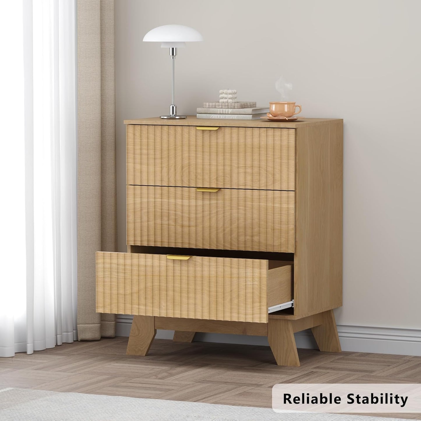 Fluted 3 Drawer Dresser, 30.3" Tall Compact Modern Boho Chest of Drawers, Wooden Storage Cabinet for Bedroom, Living Room, Entryway, Curved Profile Design