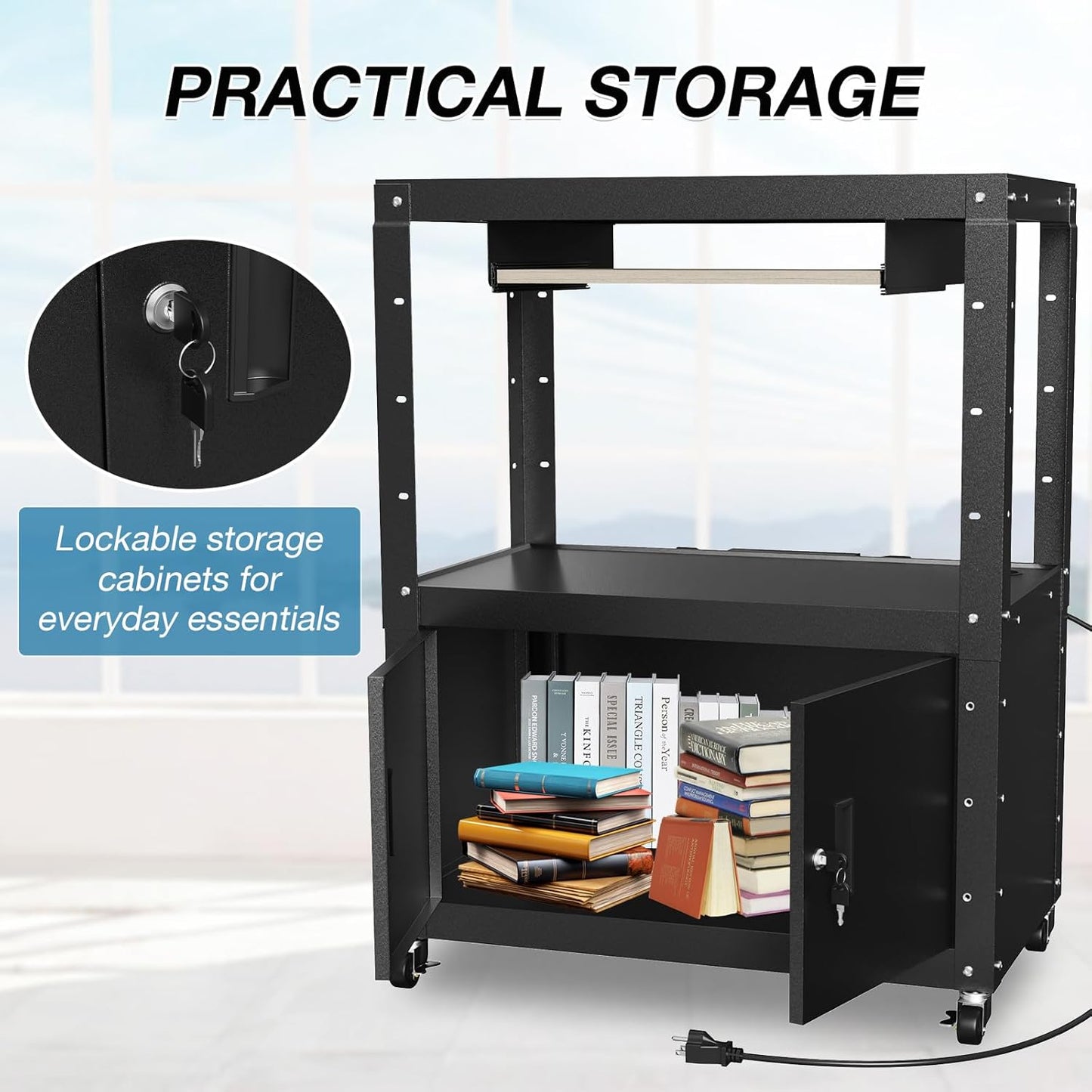 AV Cart, Adjustable-Height Rolling Computer Cart with Charging Station, Steel AV Presentation Cart with Locking Cabine & Keyboard Tray, Multipurpose Utility Cart Mobile Workstation for Office, Black