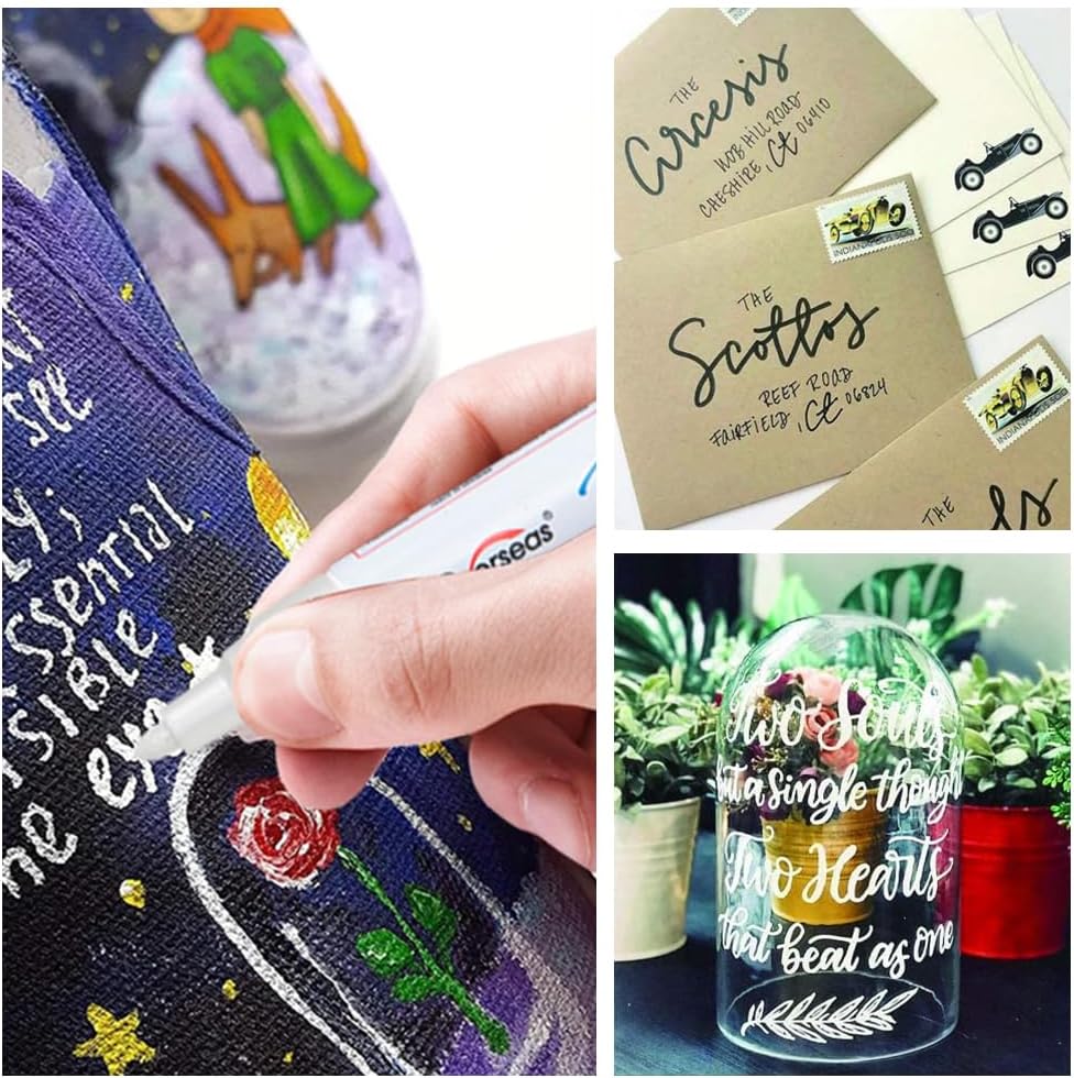 Overseas Permanent Paint Pens Paint Markers - 2 Pack White and Black Oil Based Markers, Quick Drying and Waterproof Marker Pen for Metal, Rock Painting, Wood, Rubber, Plastic, Canvas, Mug. Medium Tip