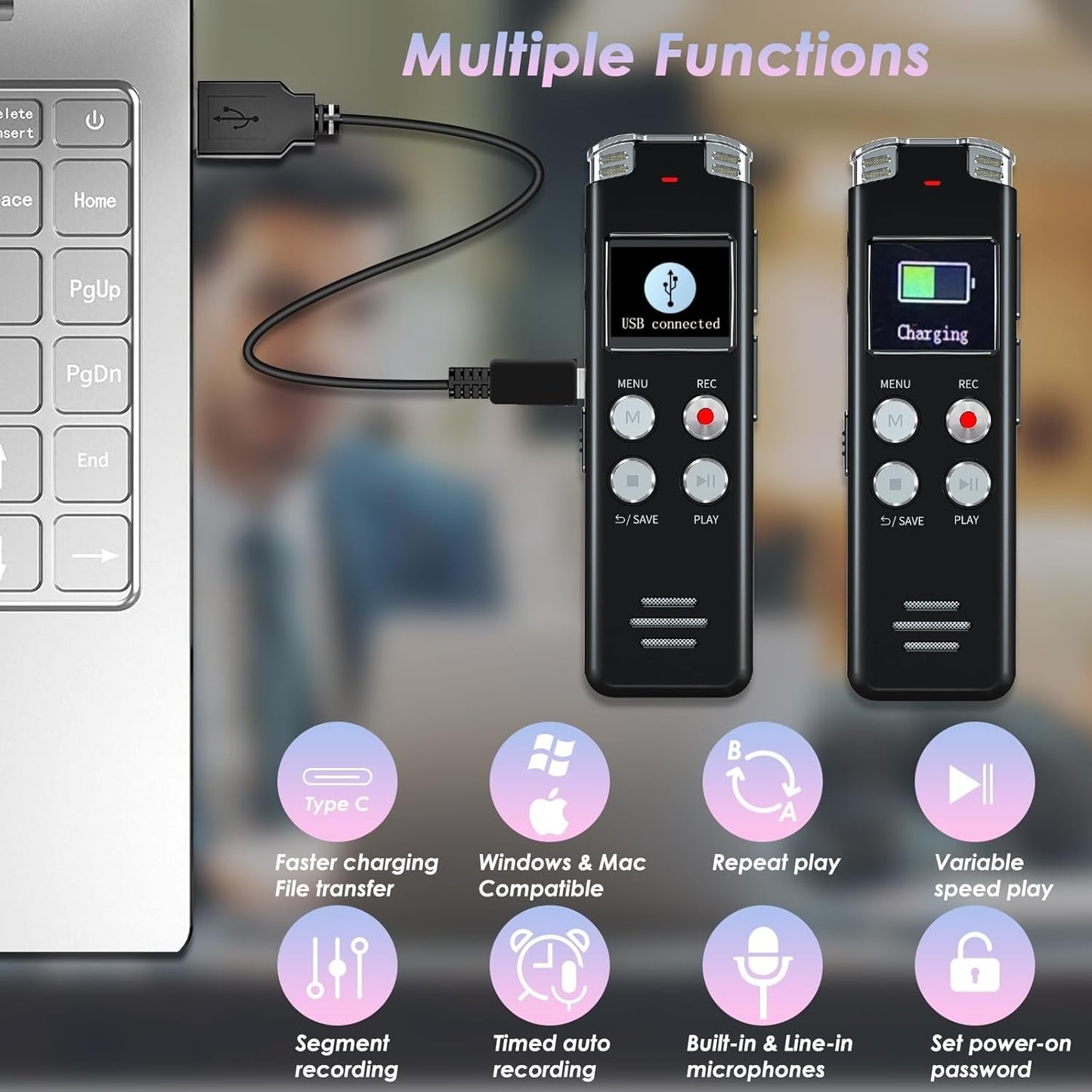 64GB Digital Voice Recorder with Playback: Voice Activated Recorders for Lectures Meetings Interviews - EVISTR Dictaphone Recording Device Tape Recorder Portable Mini, Audio Recorder with USB, MP3