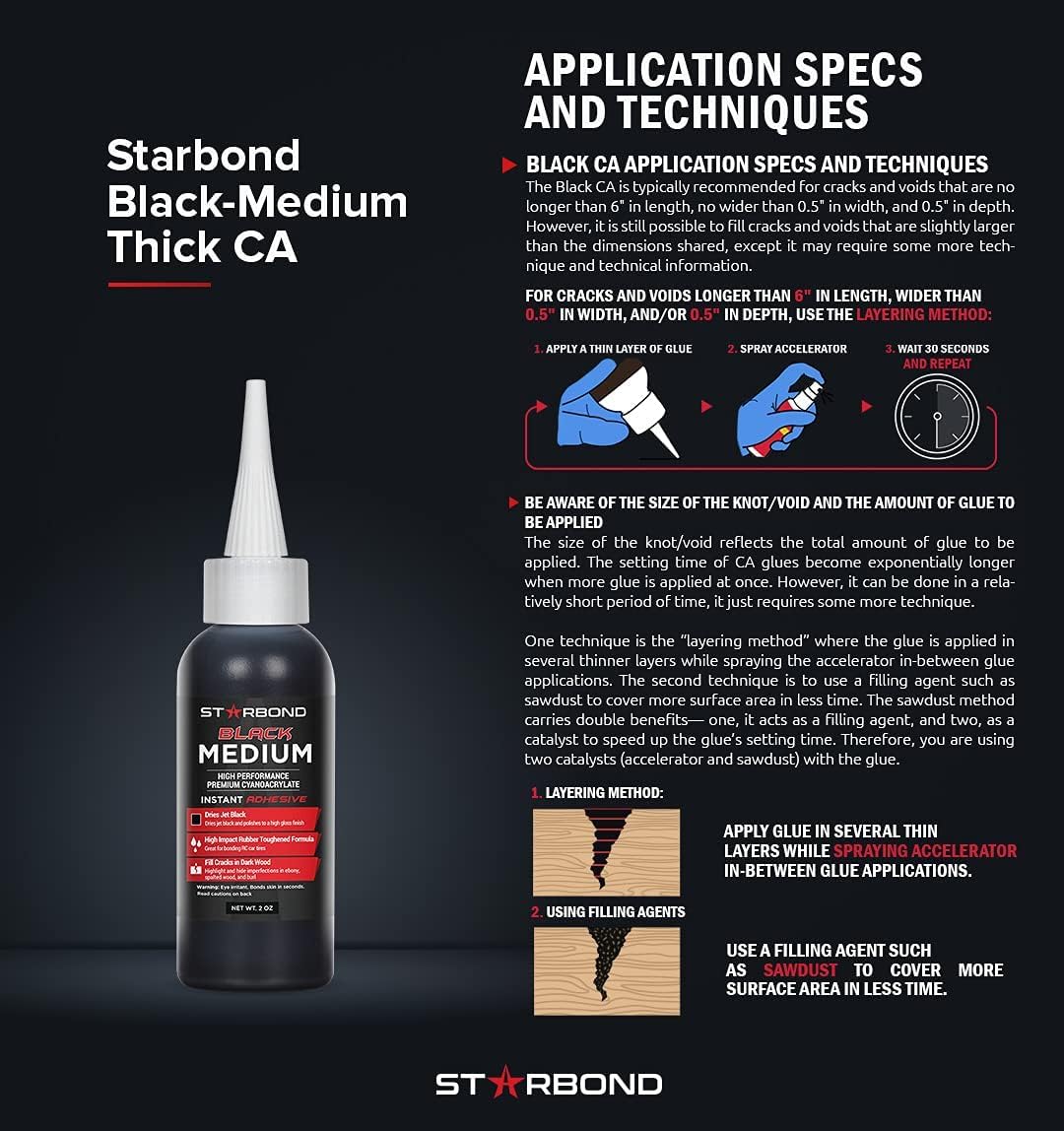 STARBOND Black Medium-Thick CA Glue, Premium Cyanoacrylate Super Glue, Knot Filler 500 CPS Viscosity, for Woodworking, Woodturning, Carpentry, Guitar, RC, Hobby, 2oz