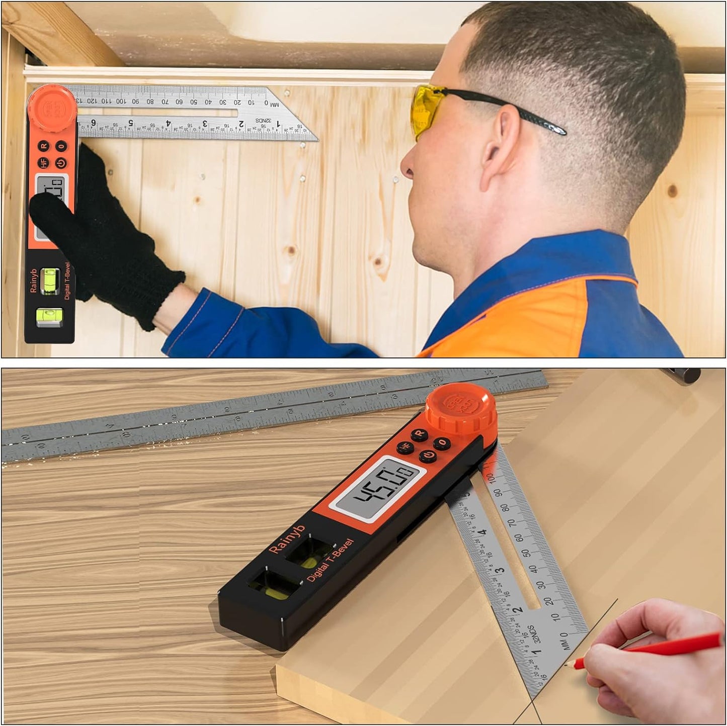Digital Angle Finder Protractor 0-360 Degree T-Bevel Gauge & Protractor with Horizontal Vertical Bubble & Full LCD Display for Woodworking, Metalworking, Construction