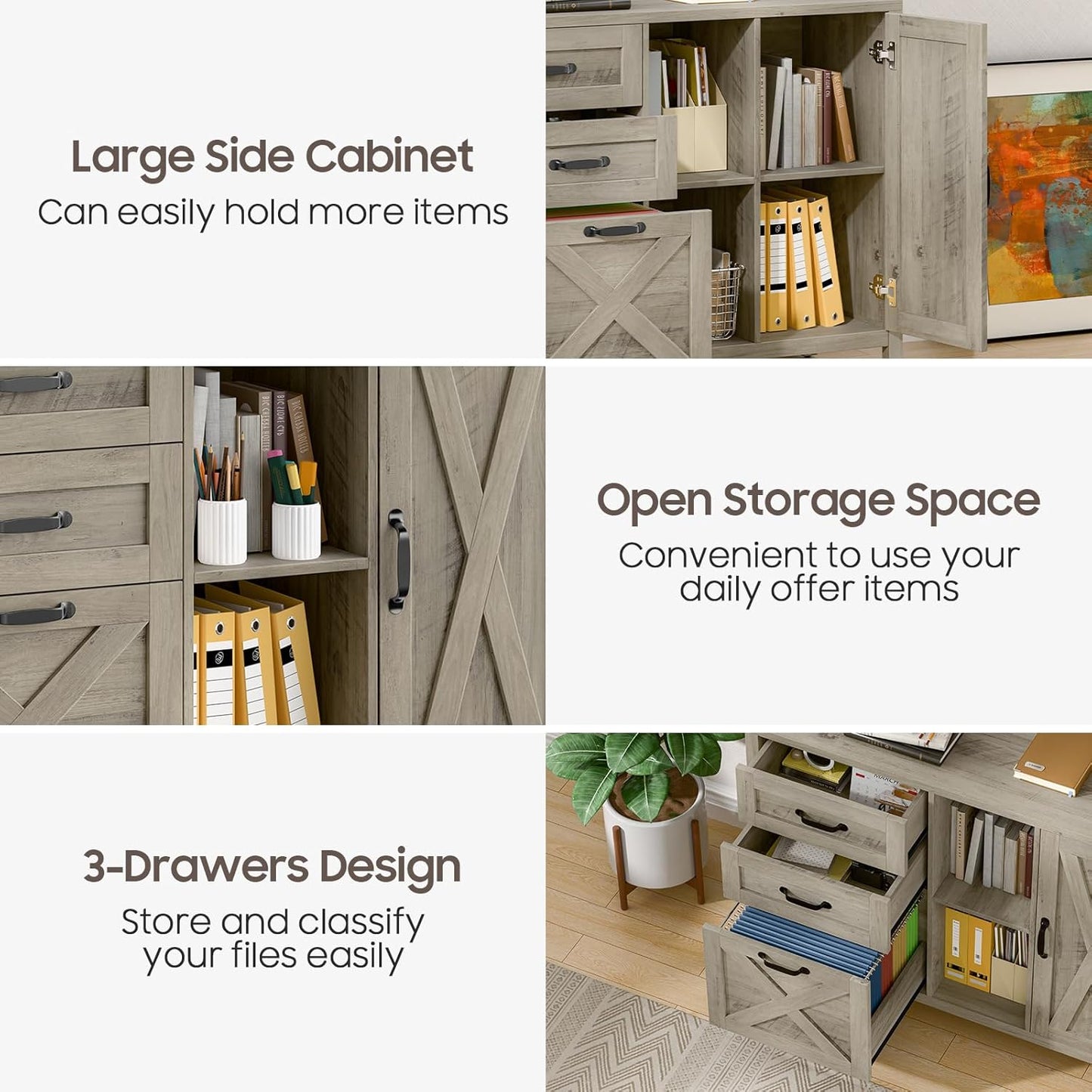 Lateral File Cabinet with 3 Drawers and Door, Farmhouse File Cabinet with Adjustable Shelf for Letter/A4 Size Hanging Files, Printer Stand with Storage Cabinet for Home Office Furniture, Grey