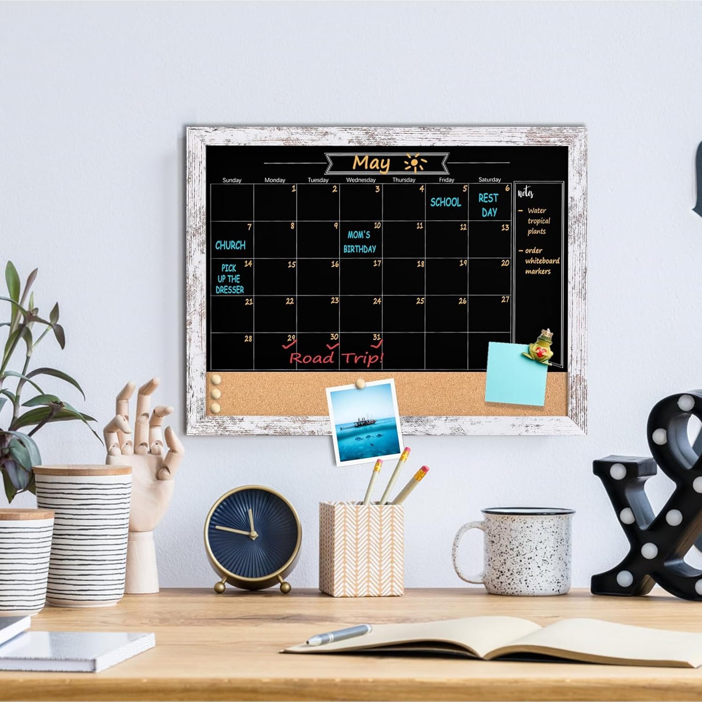 TORASO Magnetic Chalkboard Calendar Corkboard, Small Combination Chalk Board Bulletin Board, 13" x 17", Vintage White Framed Blackboard Calendar Cork Combo Board(ZHHB-Wood WH-3343)