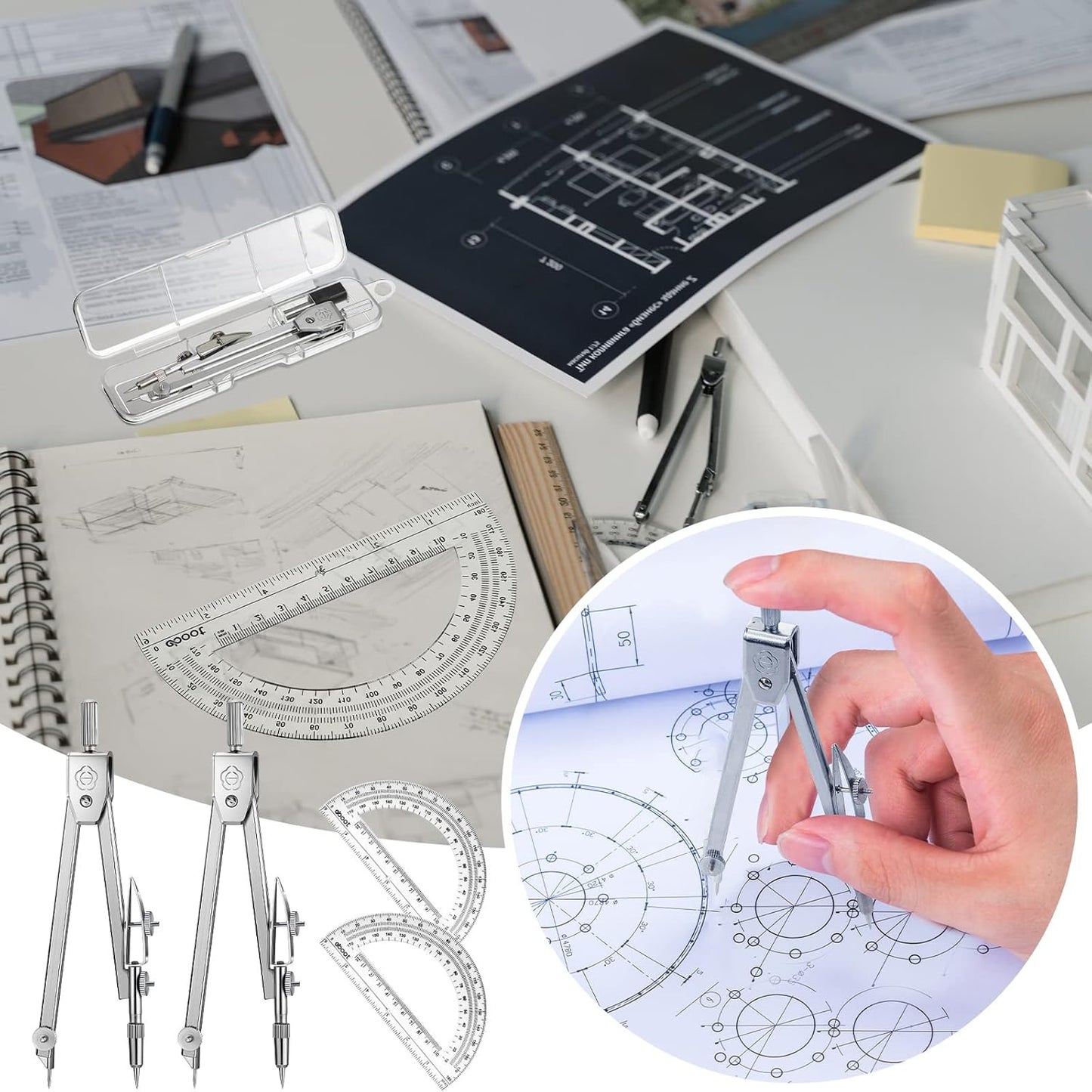 Zonon 2 Set Protractor and Compass Set, Student Geometry Math Set Drawing Compass and 6 Inch Clear Swing Arm Protractors 180 Degree Math Protractor