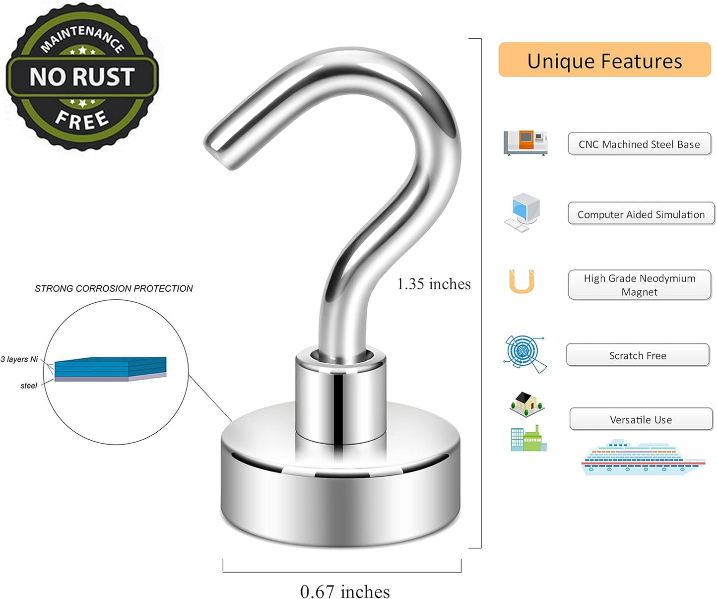 Neosmuk Magnetic Hooks,30lb Heavy Duty Earth Magnets with Hook for Refrigerator, Extra Strong Cruise Hook for Hanging, Magnetic Hanger for Cabins, Grill (Silvery White, Pack of 4)