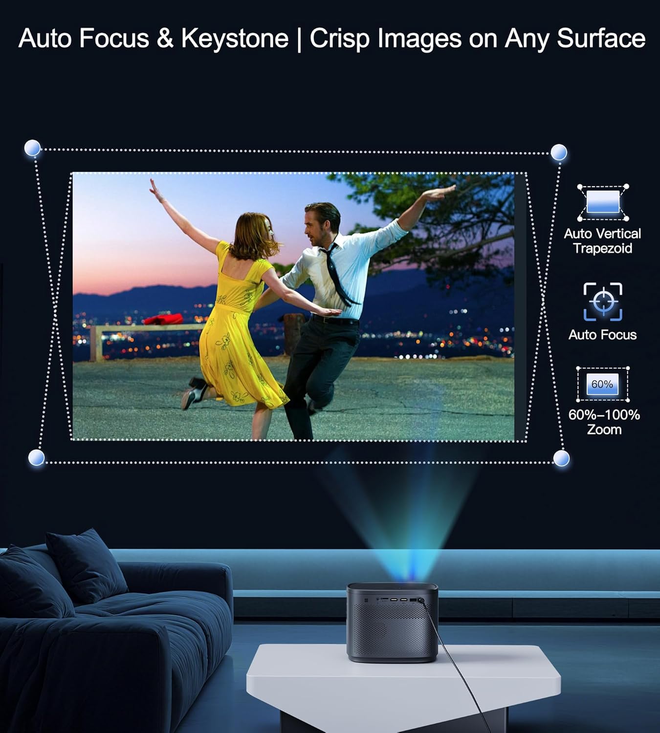 Miroir Mini Projector, Home HD Projector with Built-in Speaker, Auto Focus, Keystone Correction, Portable for Outdoor Movies, Compatible with Smartphone, TV Stick, Laptop, HDMI, USB