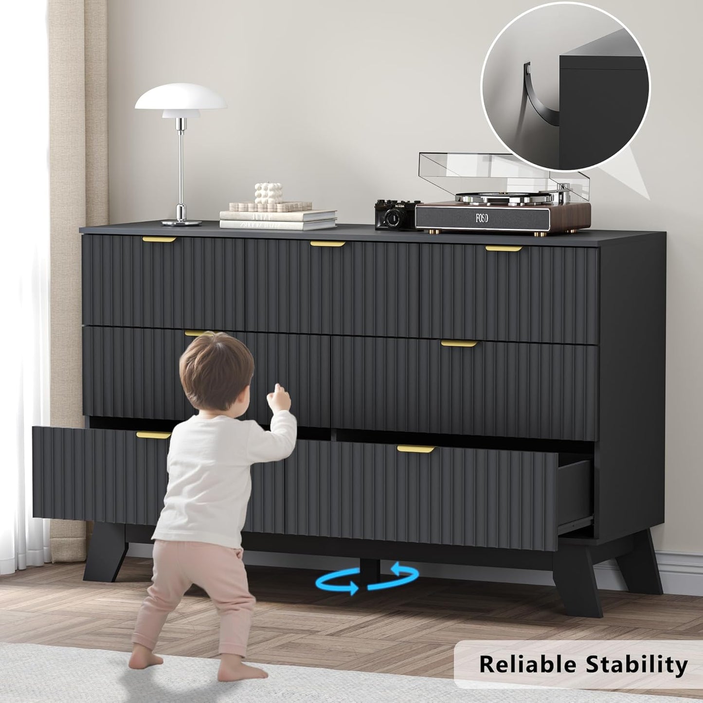 Fluted 7 Drawer Dresser, 47.2" Wide Modern Boho Chest of Drawers, Wooden Storage Dresser TV Stand for Bedroom, Living Room, Closet, Hallway, Curved Profile Design