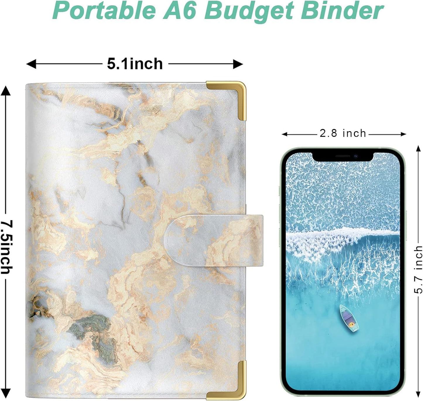 Rnivvi Budget Binder with Zipper Envelopes, A6 Money Saving Binder Cash Envelopes for Budgeting, PU Leather Planner Money Organizer for Cash Bills, Cute Marble System Wallet for Women, Gray White