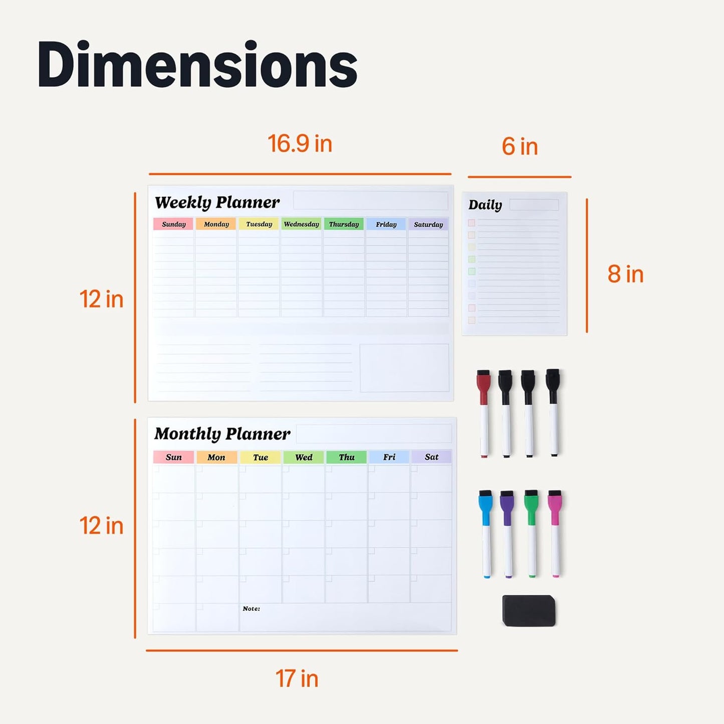 Amazon Basics Magnetic Dry Erase Calendar Whiteboard Set (3-Pack) for Fridge, 8 Markers and Eraser