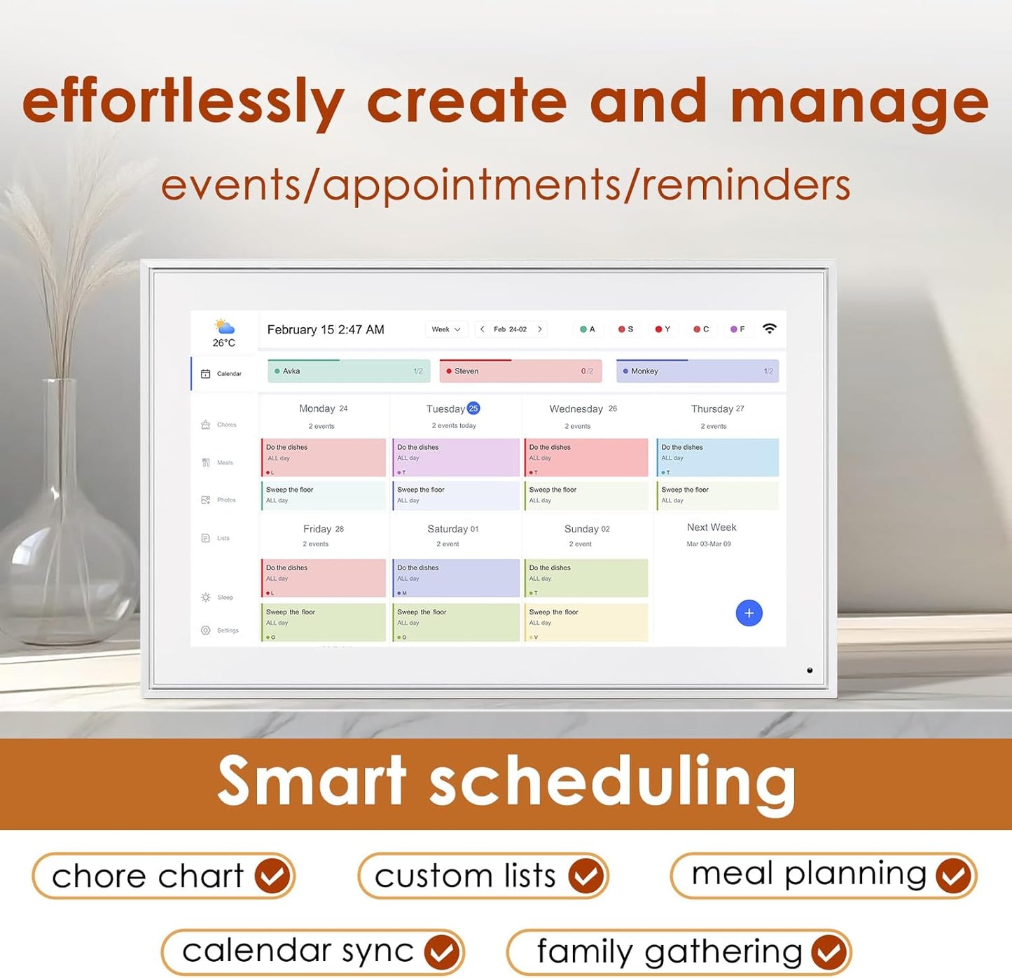 Digital Calendar 15.6 Inch, Electronic Calendar Chore Family Schedules, Smart Weekly and Monthly Planner, 1920 * 1080P IPS Touchscreen Interactive Display - Wall Mount White