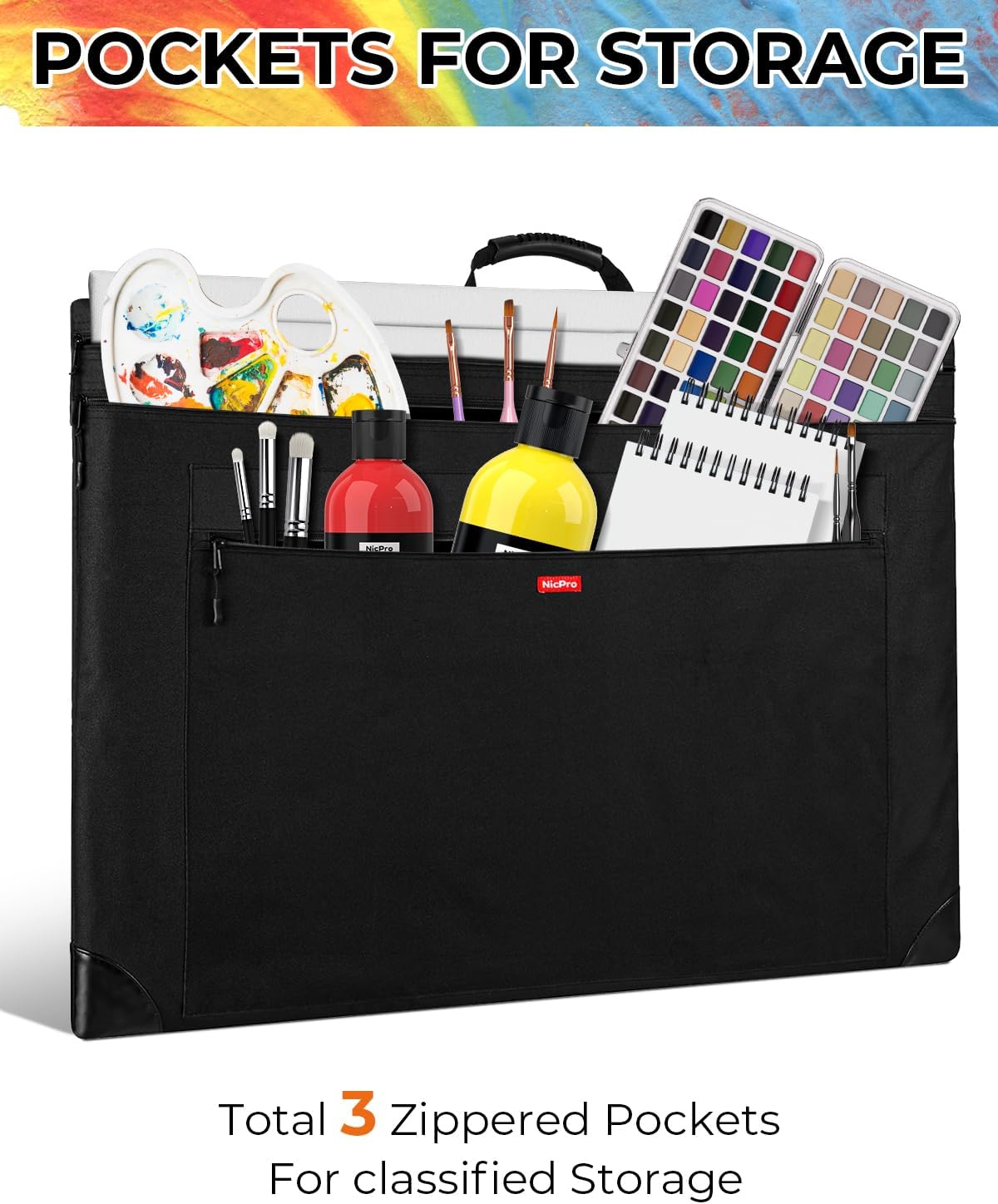 Nicpro Light Weight Art Portfolio Bag, 18x24 Black Art Canvas Portfolio Case with Detachable Shoulder Strap, Leather Corners, Carrying Storage Case for Artwork, Poster, Sketching, and Drawing