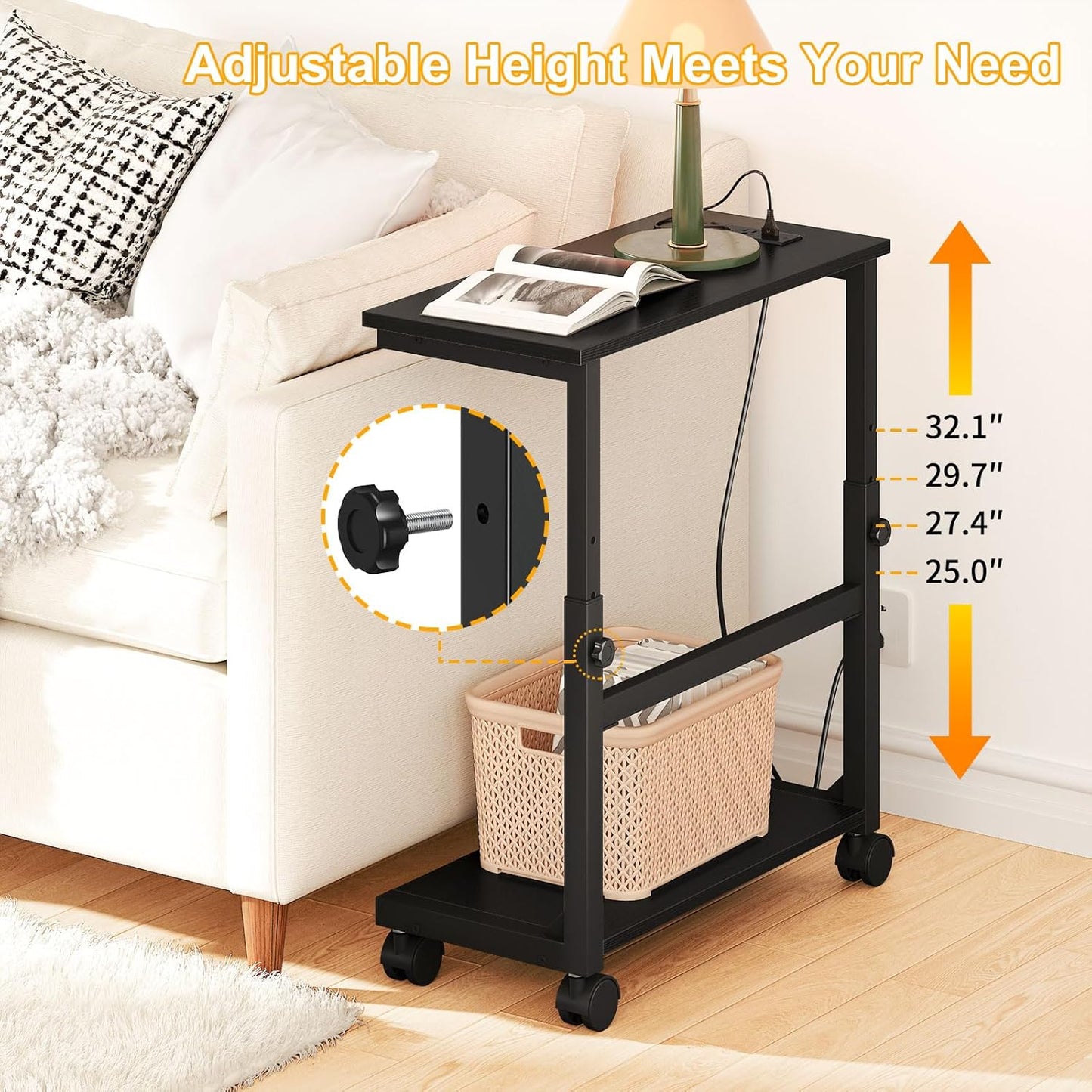 Snughome Computer Tower Stand with Charging Station, 25.0"-32.1" Height Adjustable PC Tower Stand for Floor, Mobile PC Holder with Locking Wheels Computer Cart for Home Office