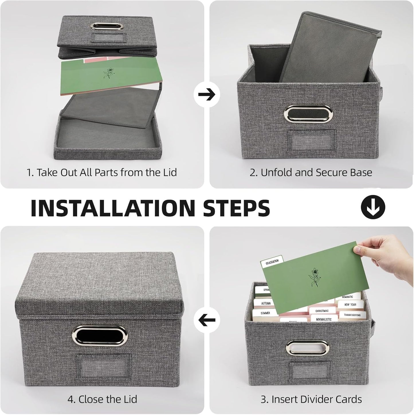 Greeting Card Storage Box, Linen Storage Box with 32 Adjustable Dividers, 168 Labels, 2 Marker Pen, Perfect for Organizing Greeting Cards, Envelopes, Photos 2 Pack Grey