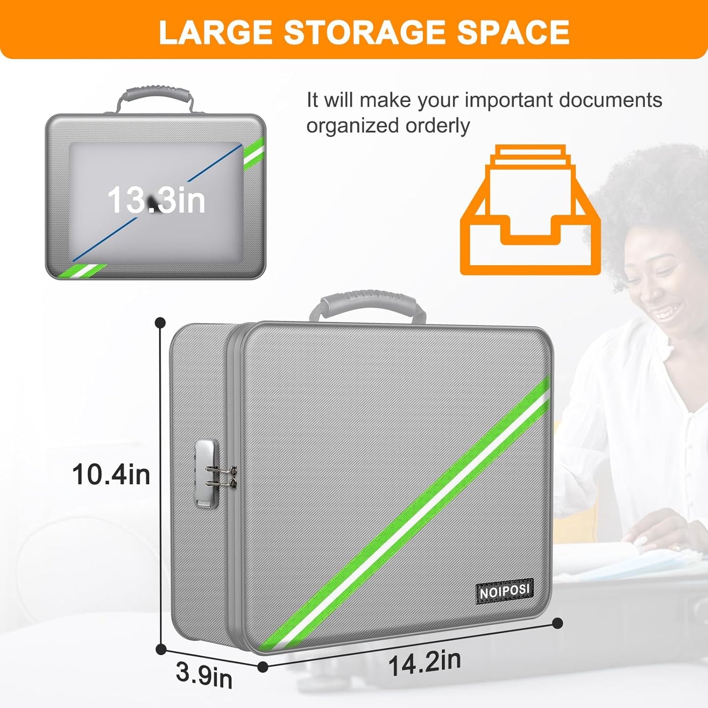 Noiposi Document Organizer with 5200℉ Heat Insulated,Waterproof and Fireproof Document Box,Portable Home Travel Safe Storage Box for Important Documents,File and Birth Certificate,Silver