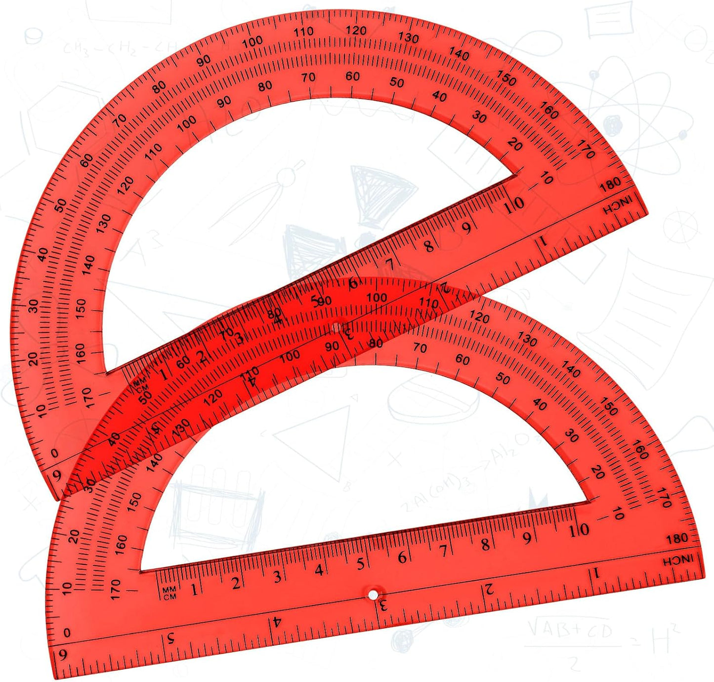 Zonon 2 Pcs 6 Inch Plastic Protractor Math Protractors 180 Degrees Angle Measurement, Translucent for Geometry Classroom Kid Student School Office Supplies(Red)