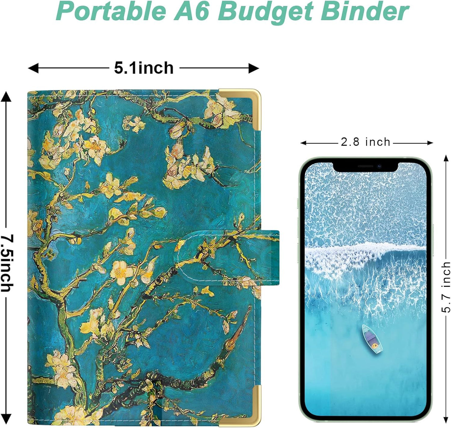 Rnivvi Budget Binder with Zipper Envelopes, A6 Money Saving Binder Cash Envelopes for Budgeting, PU Leather Planner Money Organizer for Cash Bills, Cute Floral System Wallet for Women, Blue Flower