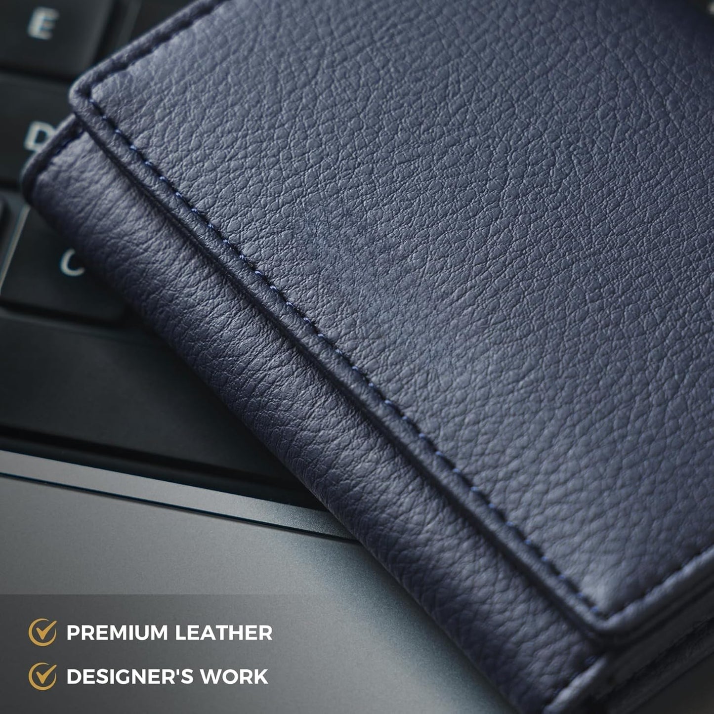 Real Leather Business Card Holder Premium RFID Blocking Card Case with ID Window and Magnetic Closure Holds Up to 40 Business Cards (Grain Navy)