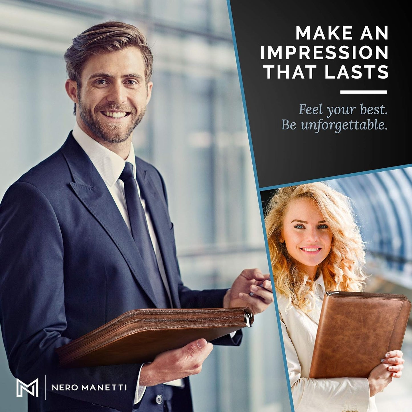 NERO MANETTI- Zippered Vegan Leather Padfolio/Portfolio Pad Holder-Business PU Leather Notepad Folder for Resumes, Interviews, iPad/Tablet, Phone, Legal Pad Notebook Executive Binder for Women, Men