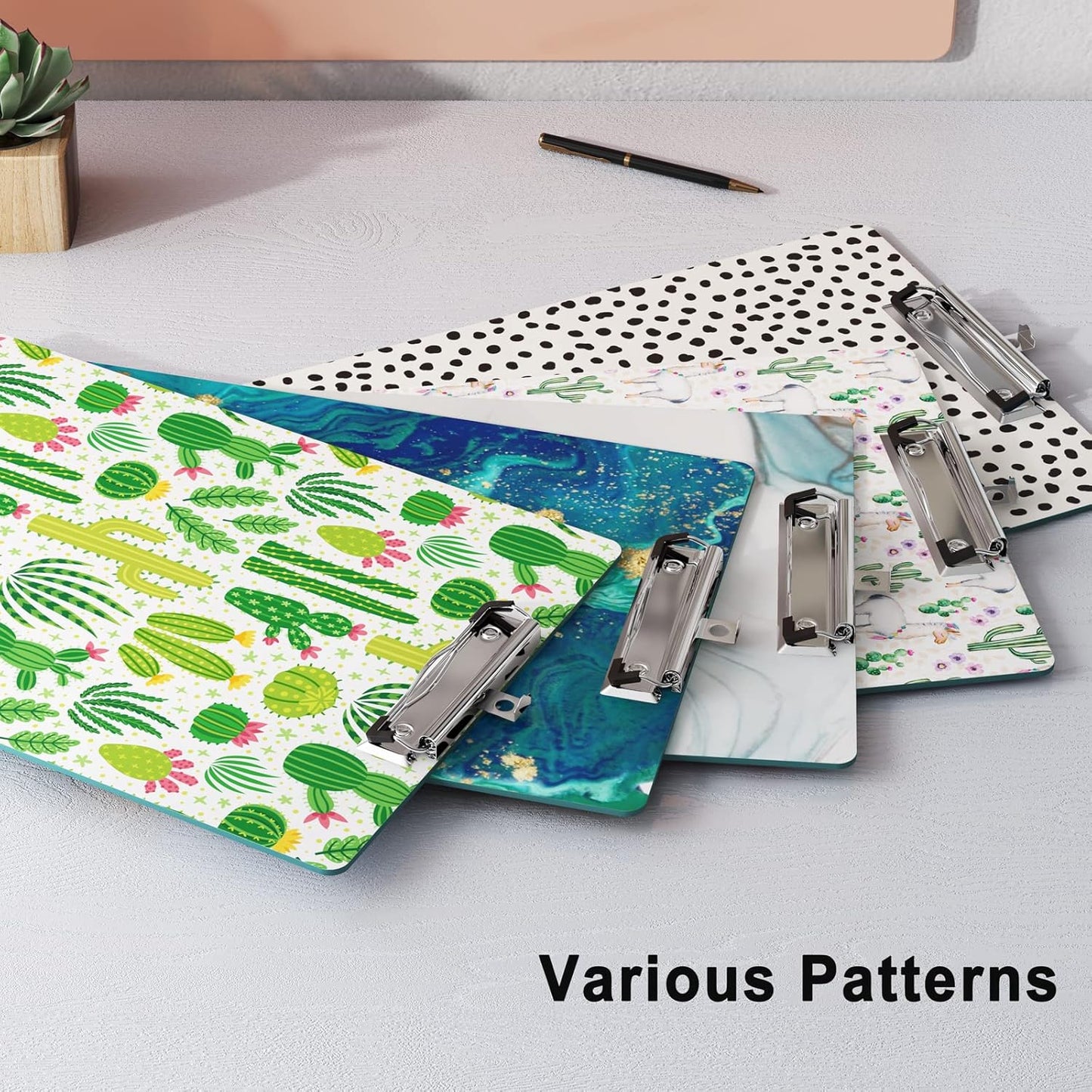 Clipboard Design Decorative Wood A4 Letter Size Clip Boards for Classroom Office, Standard Size 9" x 12.5" with Low Profile Metal Clip - Cactus