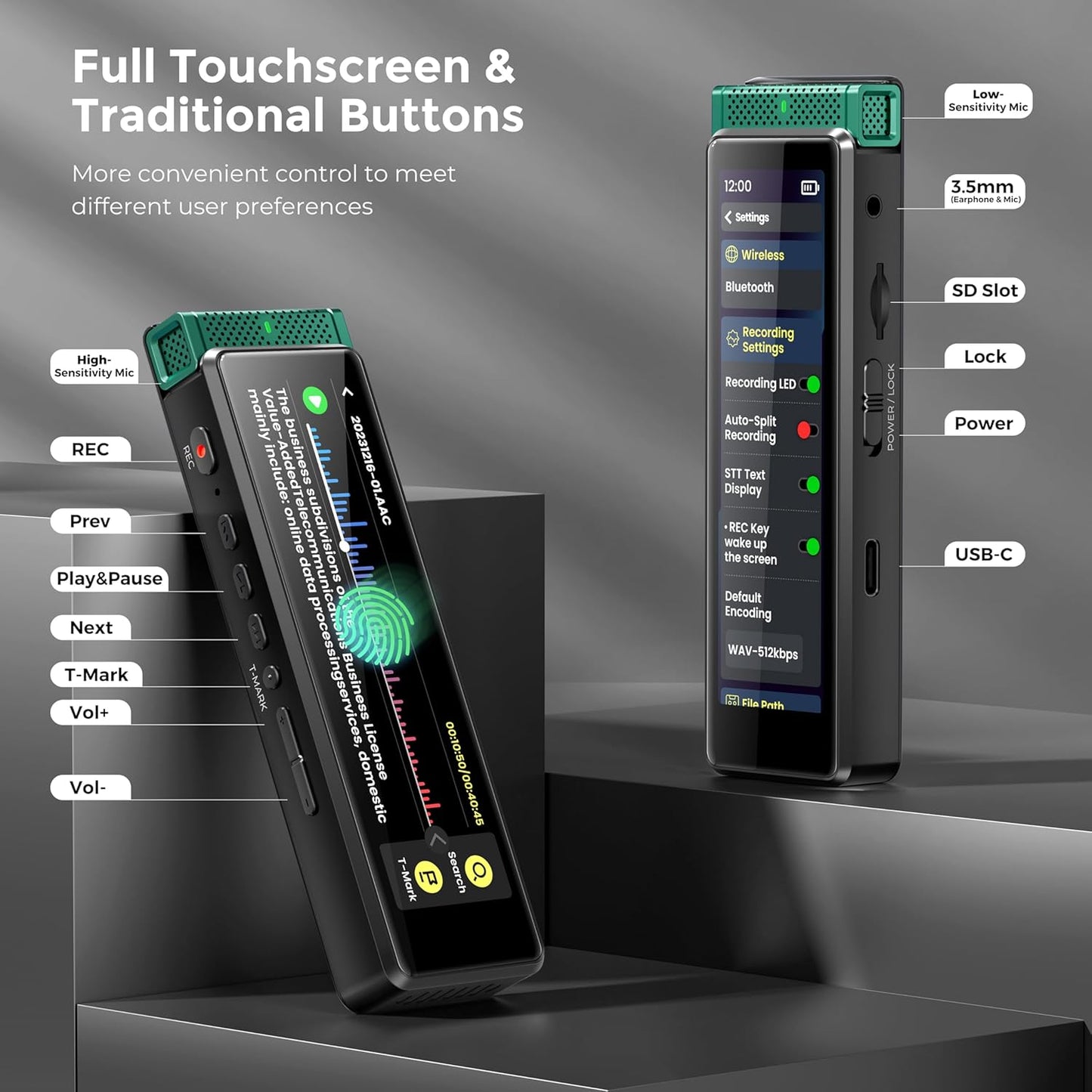 136GB Digital Voice Recorder with Playback, Innioasis R1 Full Touchscreen Voice Recorder with AI Intelligent Transcription and Bluetooth, Voice Activated Sound Audio Recorder Device with Mic (Green)