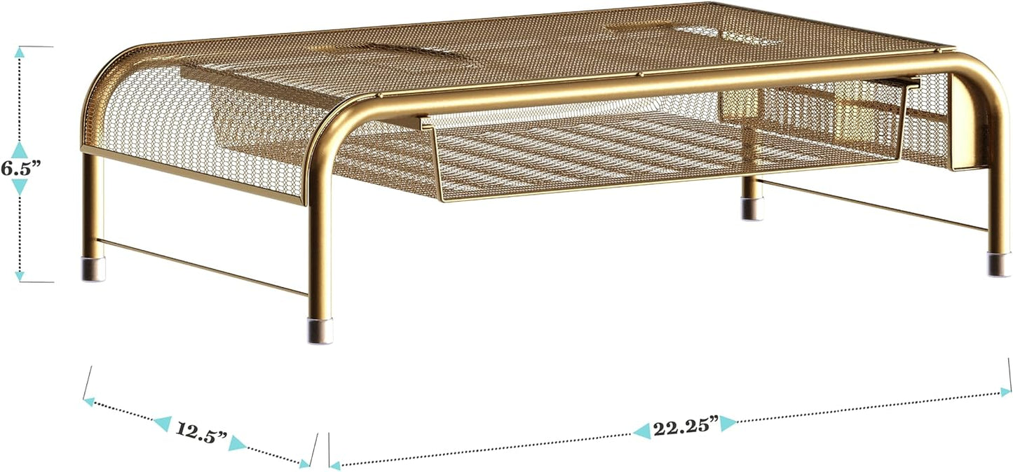 Martha Stewart Ryder Gold Mesh Metal Desktop Monitor Stand Riser with Organizer Drawer and Side Storage, 12.5 x 22.25 x 6.5 inches