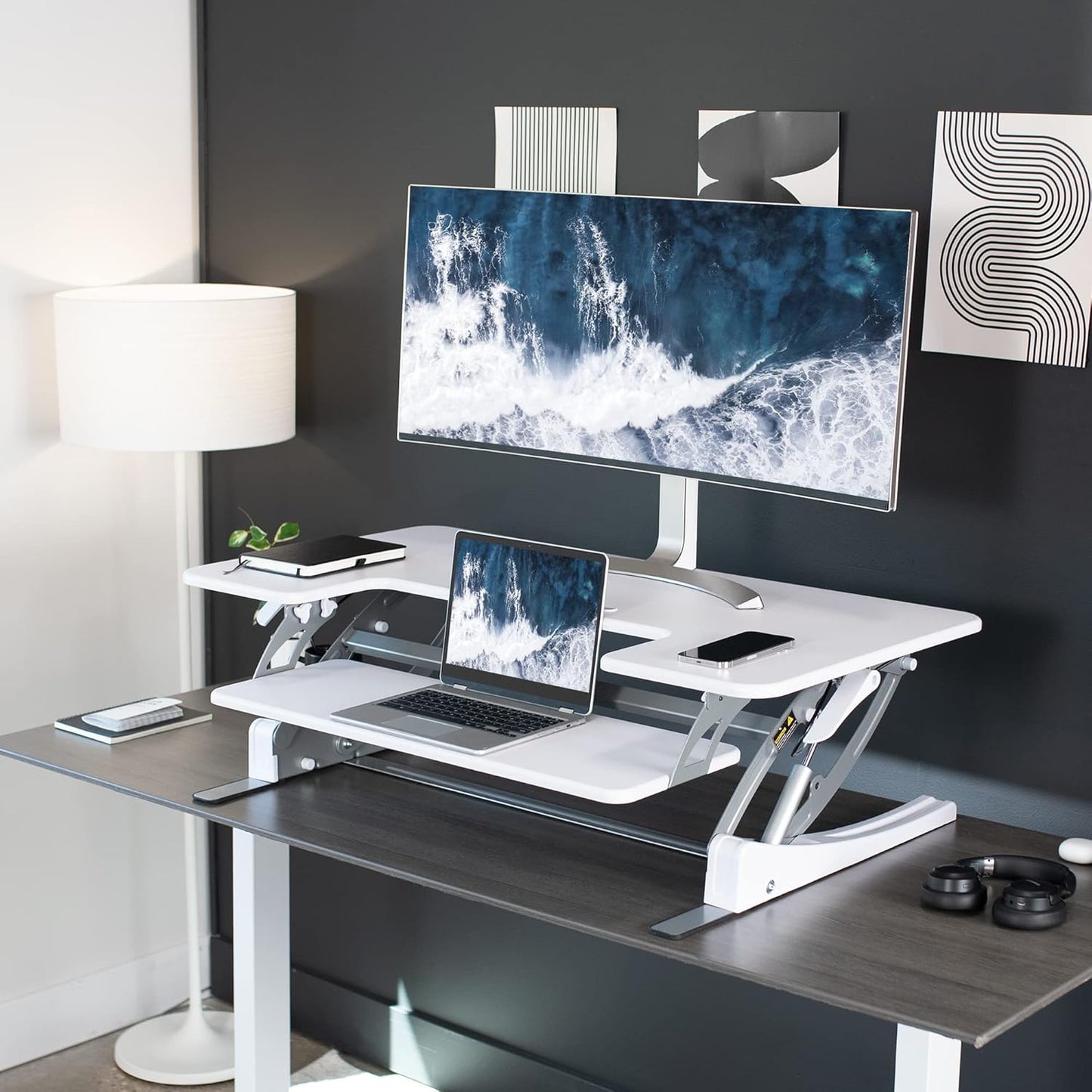 VIVO 42 inch Height Adjustable Stand Up Desk Converter, V Series, Quick Sit to Stand Tabletop Dual Monitor Riser Workstation, White, DESK-V000VLW