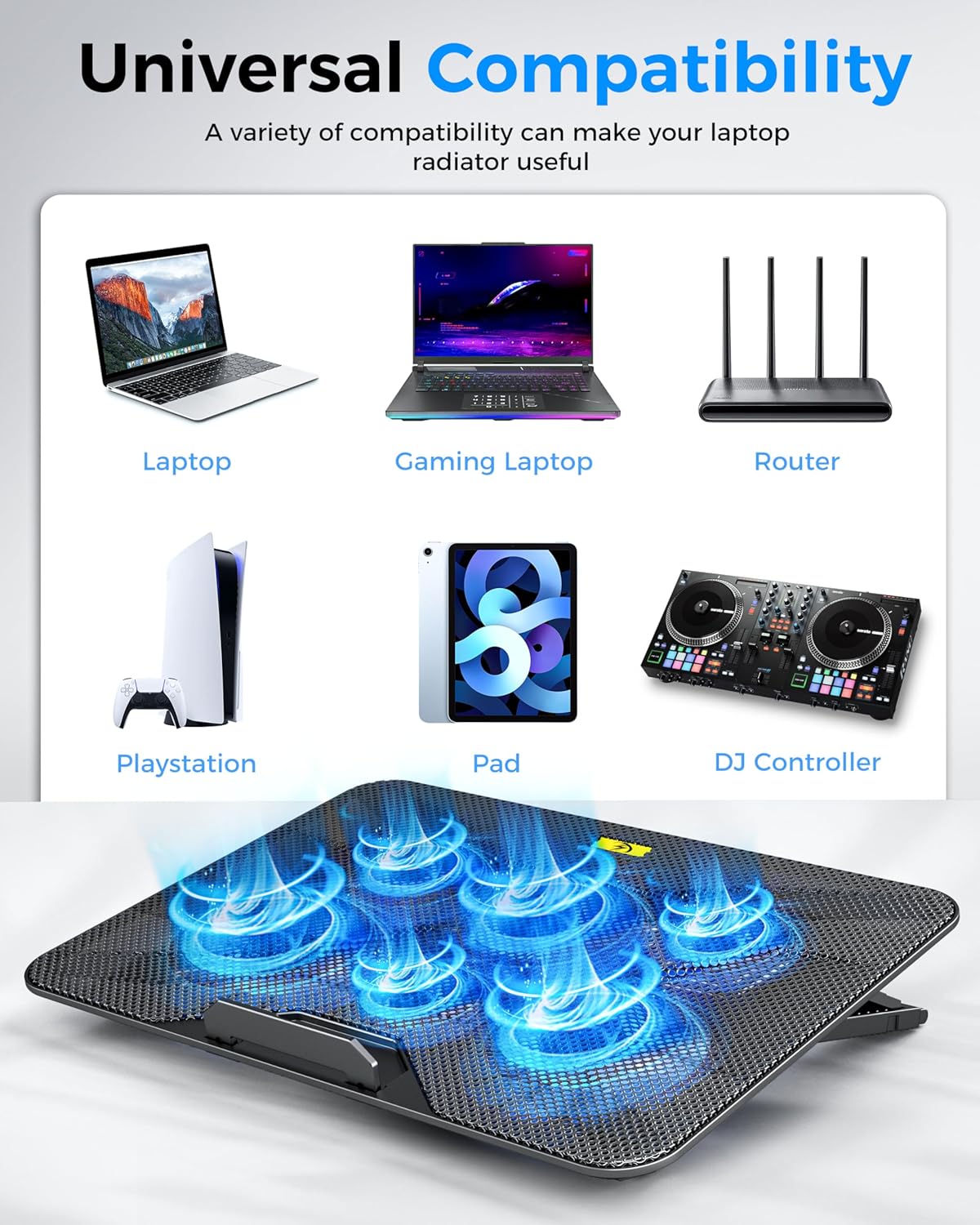 AICHESON Laptop Cooling Pad with 6 High-Speed Fans, Computer Cooler with 7 Adjustable Angles, Compatible with 13-17.3 Inch Laptops